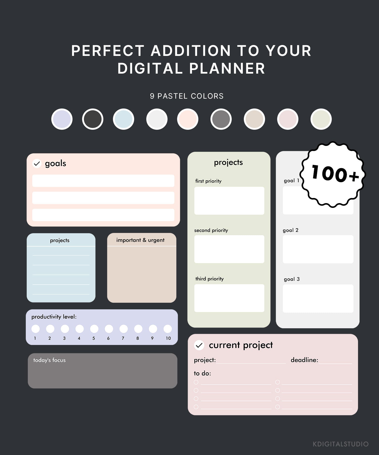Widgets de objetivos y proyectos en colores pastel