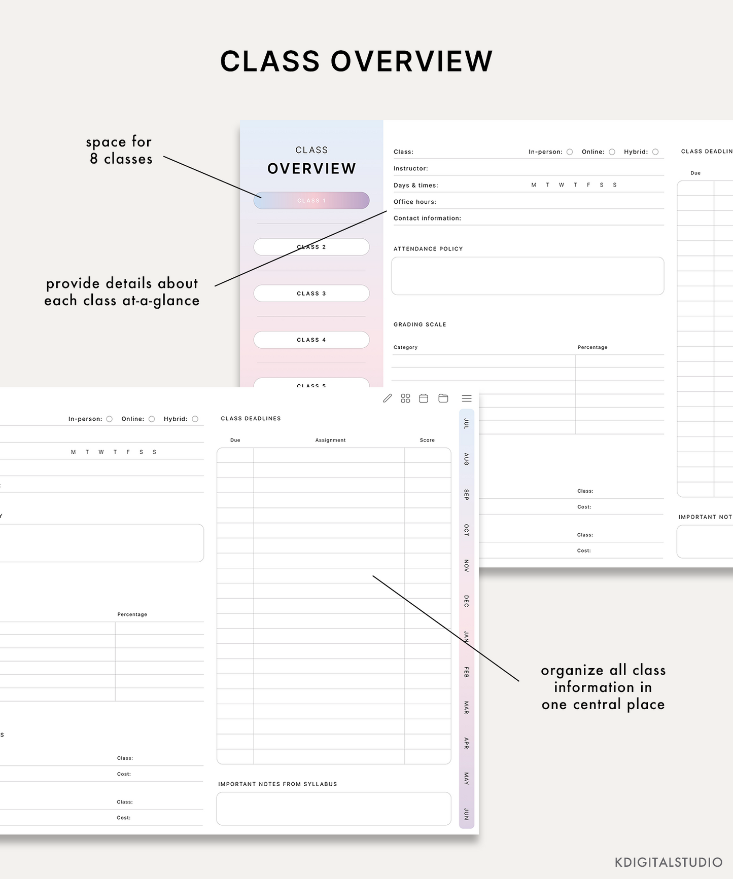 Class overview page in the student digital planner