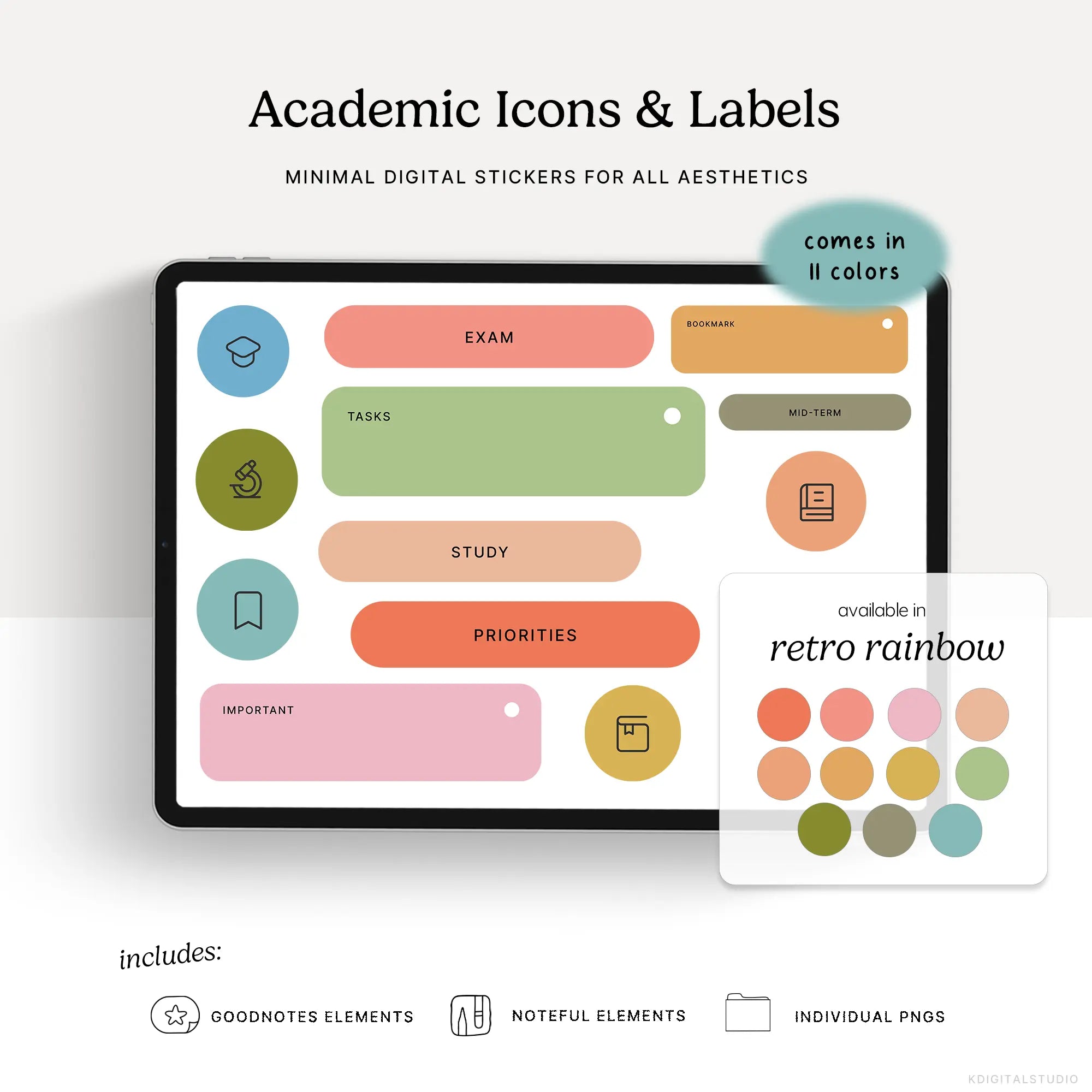 Academic Icons & Labels (Retro Rainbow) Digital Stickers KDigitalStudio