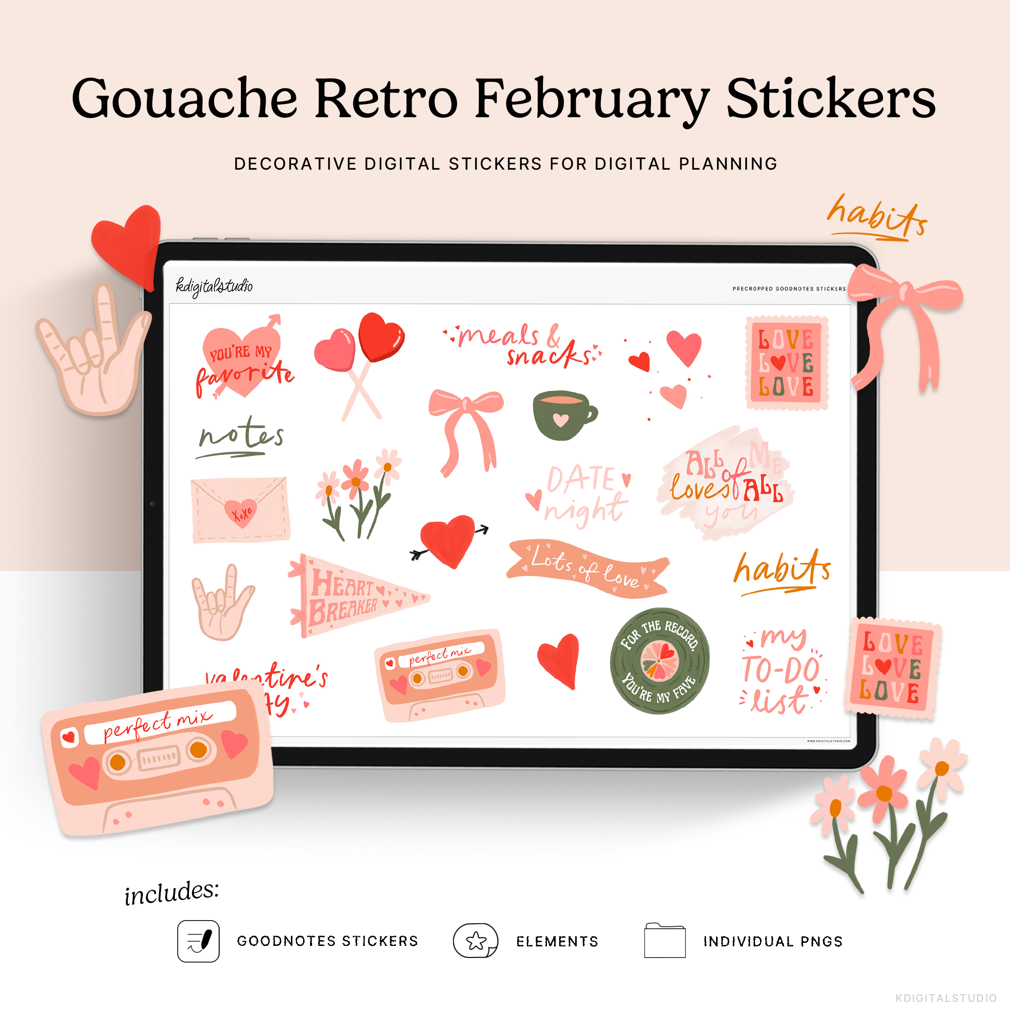 Gouache Retro February Digital Stickers