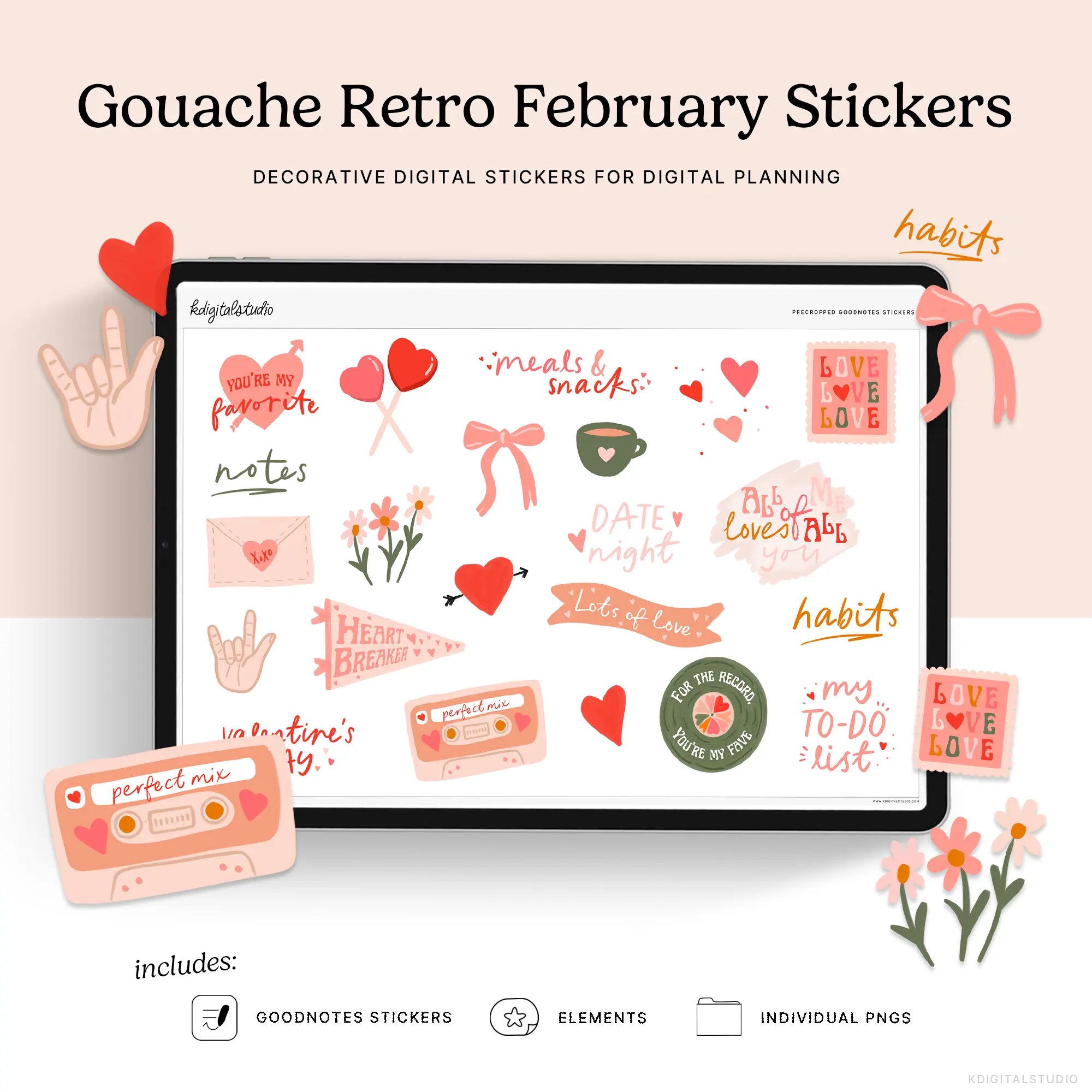 Gouache Retro February Digital Stickers KDigitalStudio