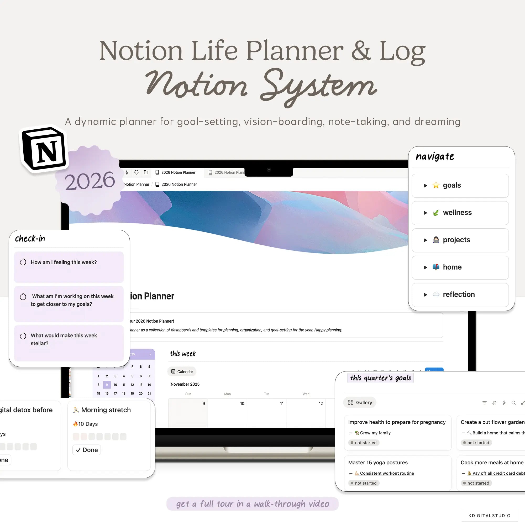2026 Notion Life Planner & Log Notion System KDigitalStudio