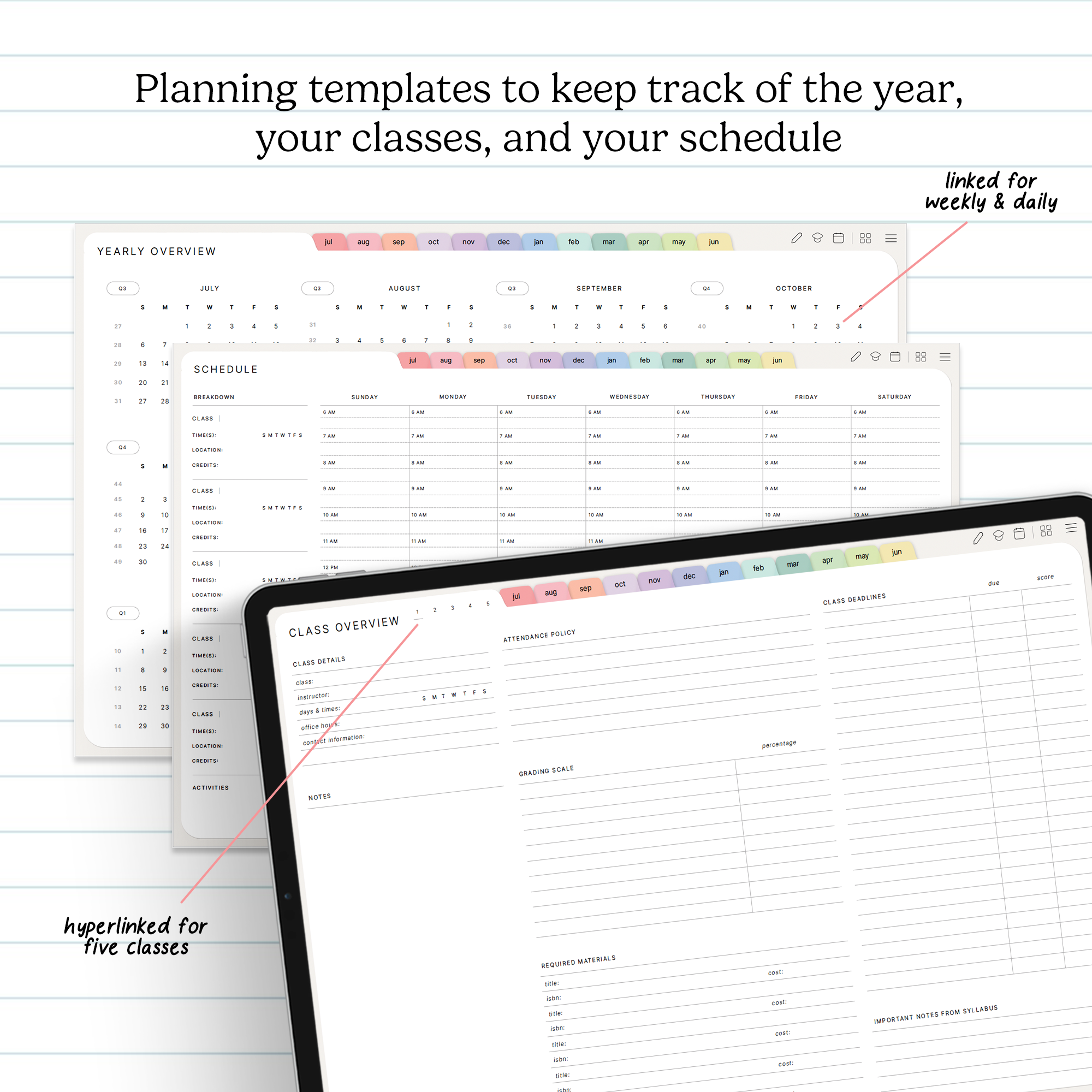 Planning templates for tracking the year, classes, and schedule on a computer screen.