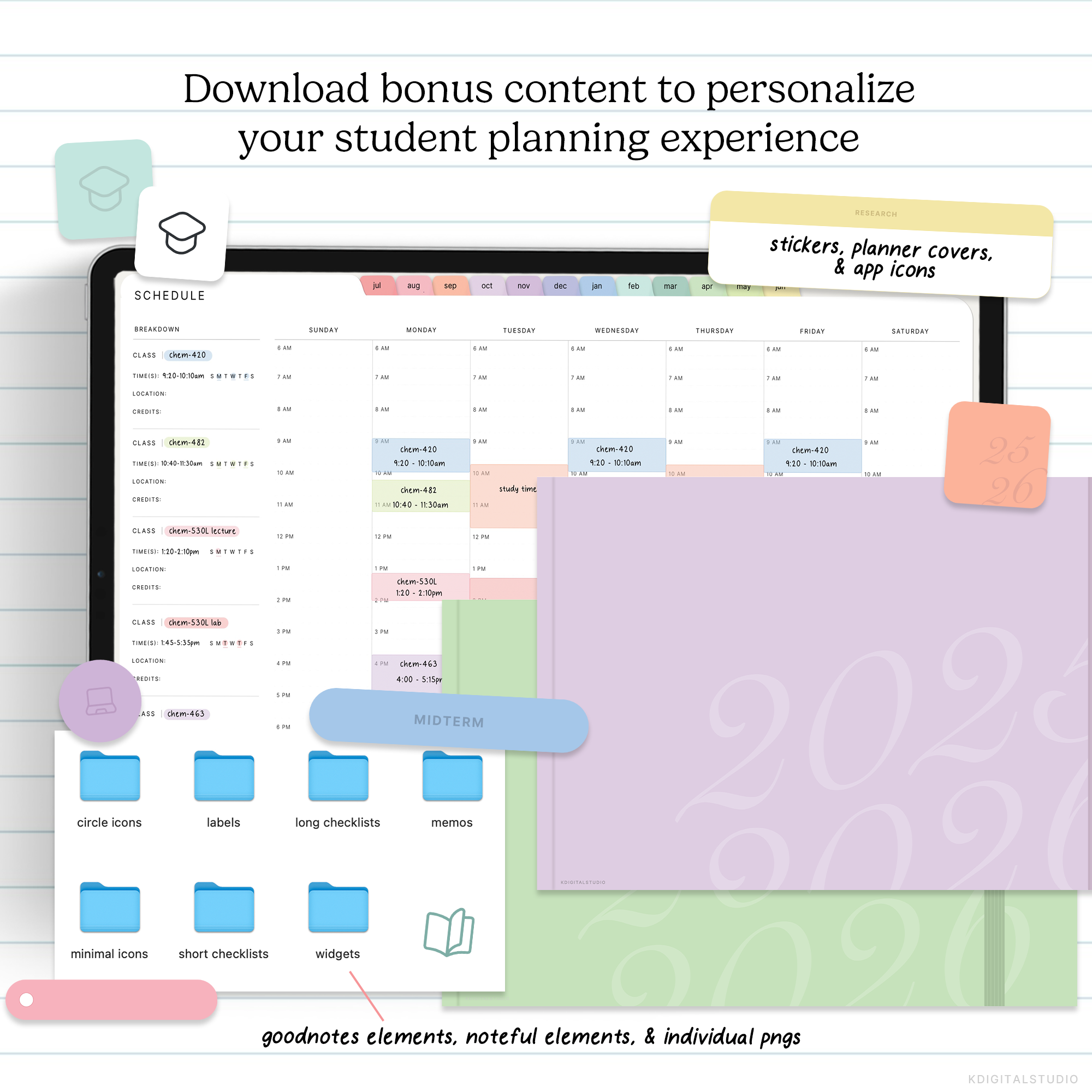 Screen of a digital planner with various elements and text about downloading bonus content.