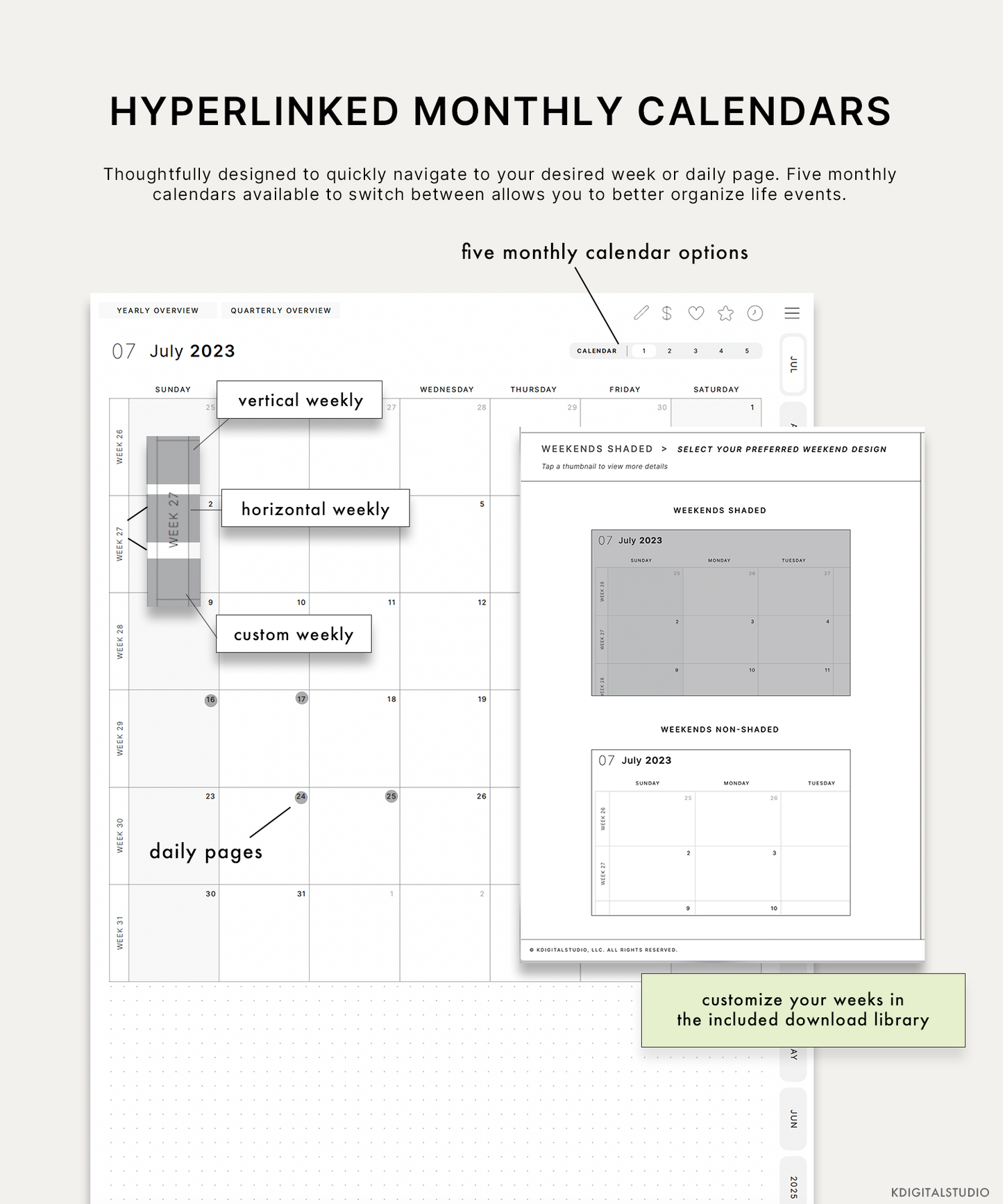 Thoughtfully designed to quickly navigate your desired week or daily page. Five monthly calendars available to switch between will allow you to better organize life events.