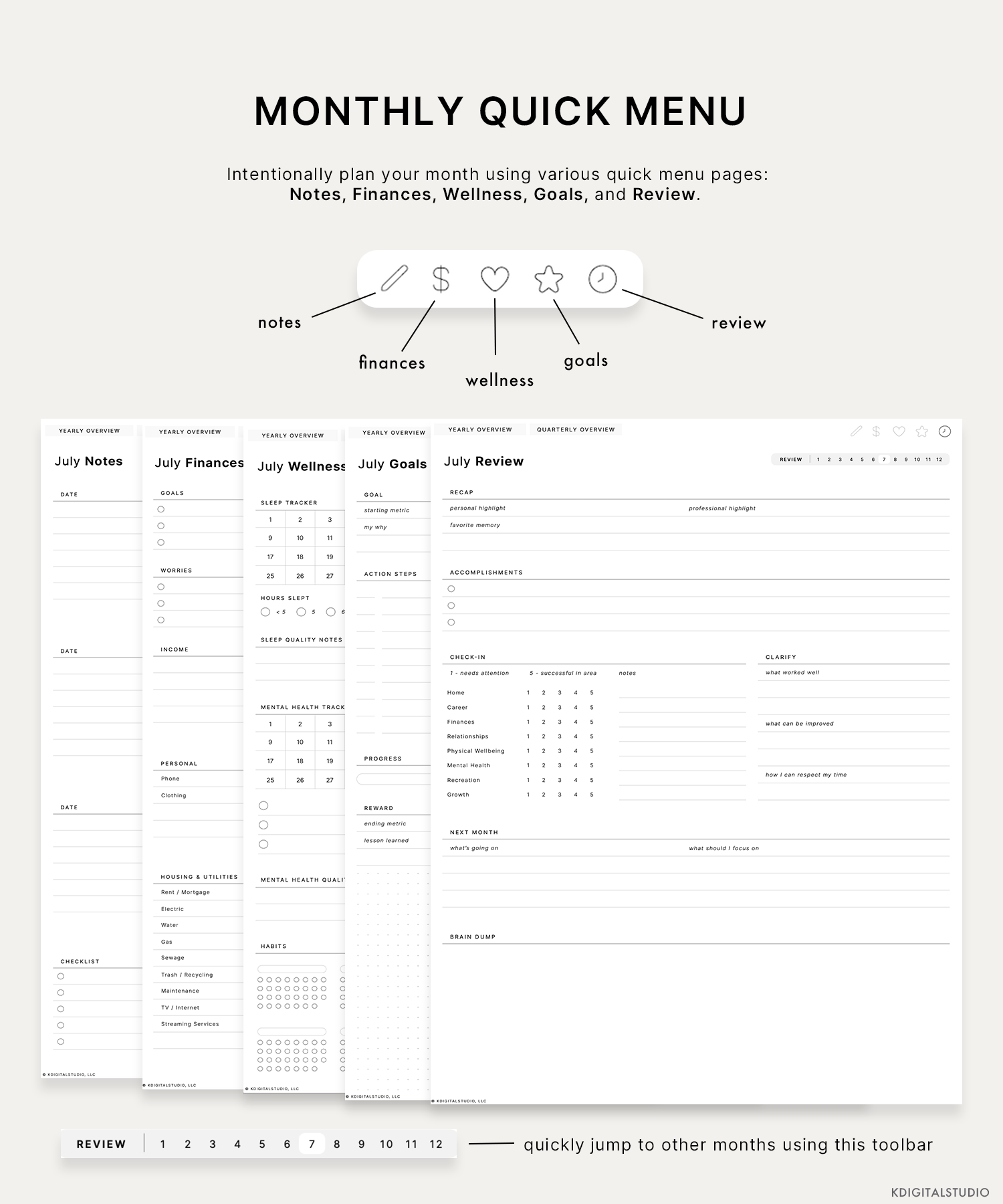 Intentionally plan your month using various quick menu pages for each month: Notes, Finances, Wellness, Goals, and Review.