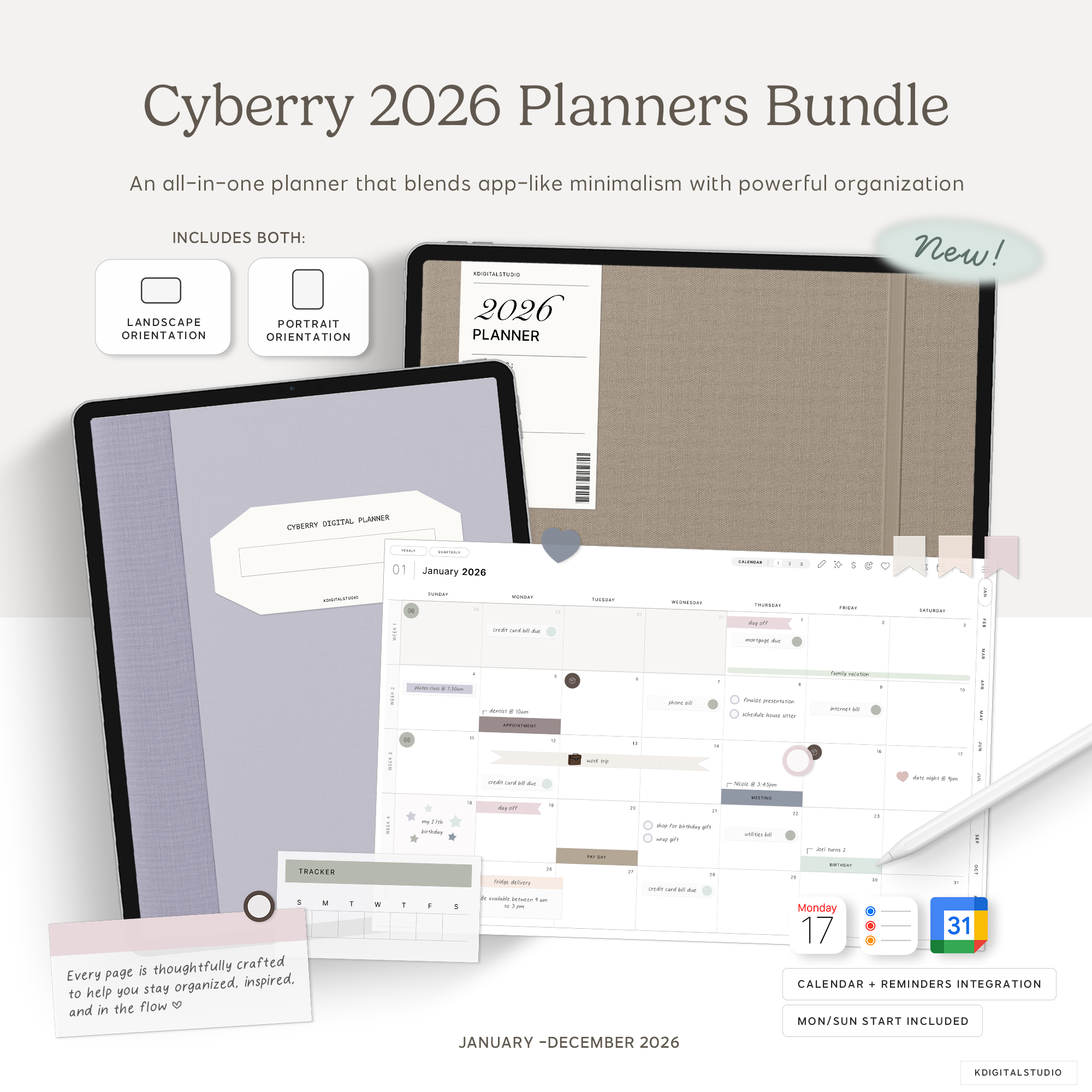 Cyberry 2026 Planners Bundle with landscape and portrait digital planners