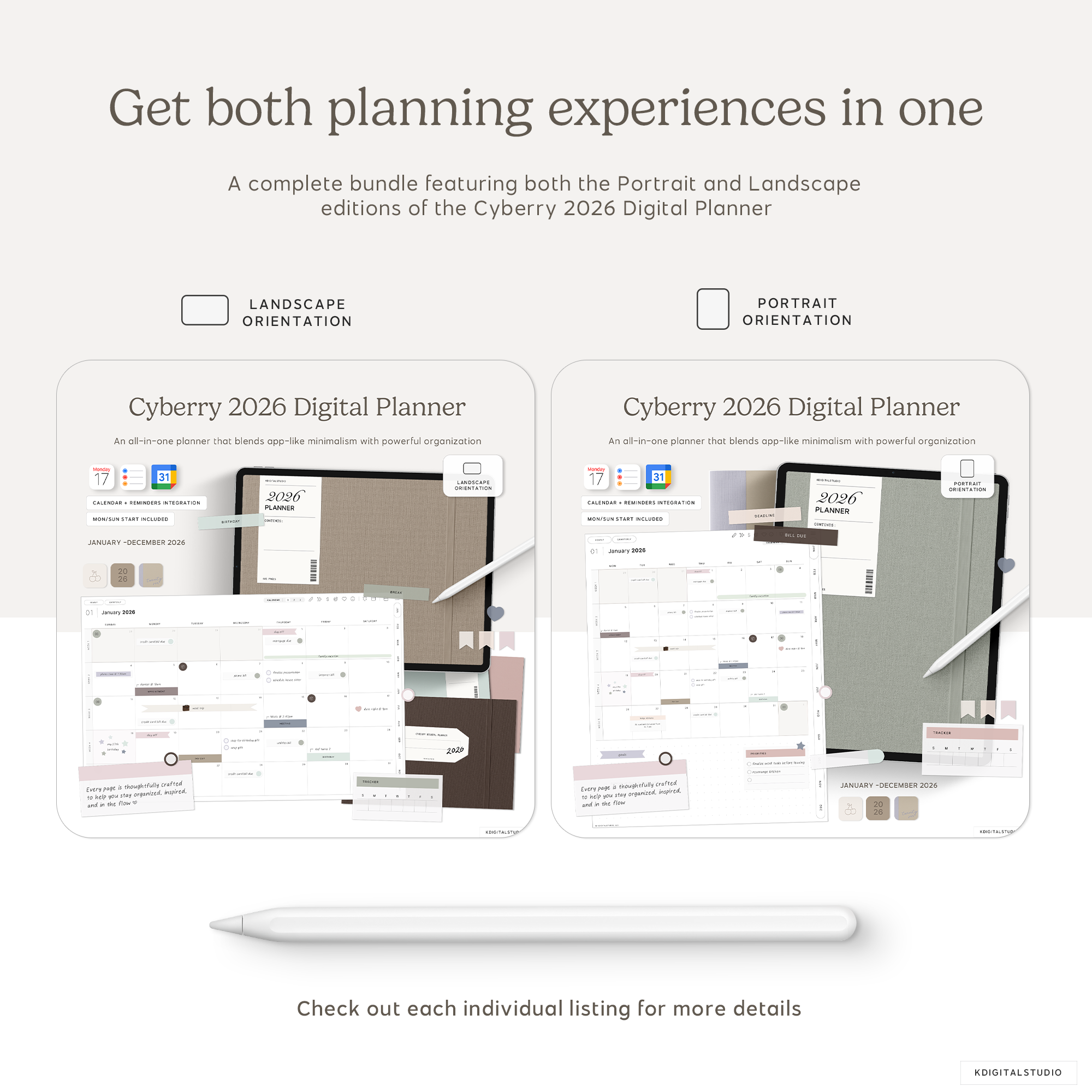 Two digital planner interfaces for landscape and portrait orientations on a white background.