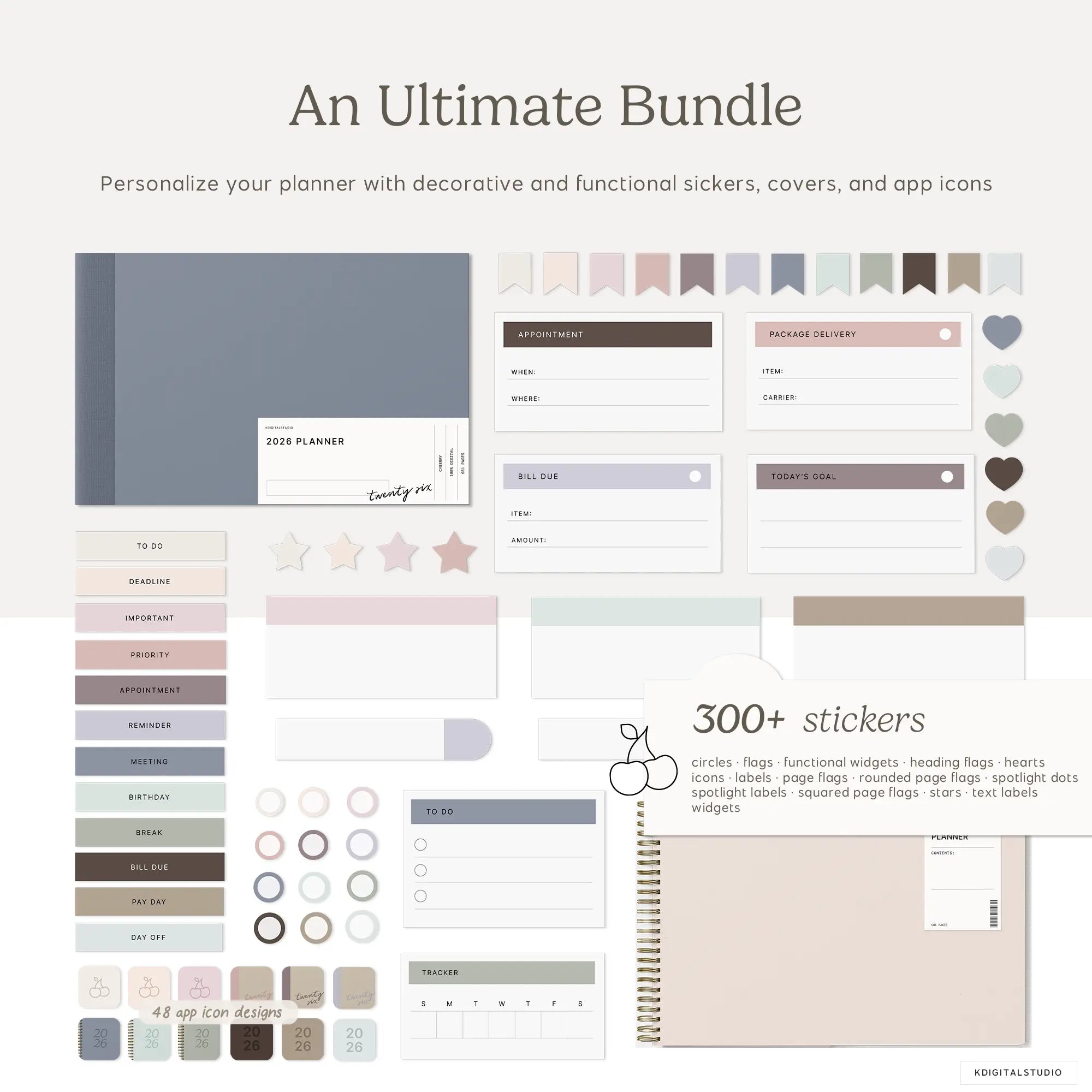 Collection of planner stickers and app icons with text 'An Ultimate Bundle' on a white background.