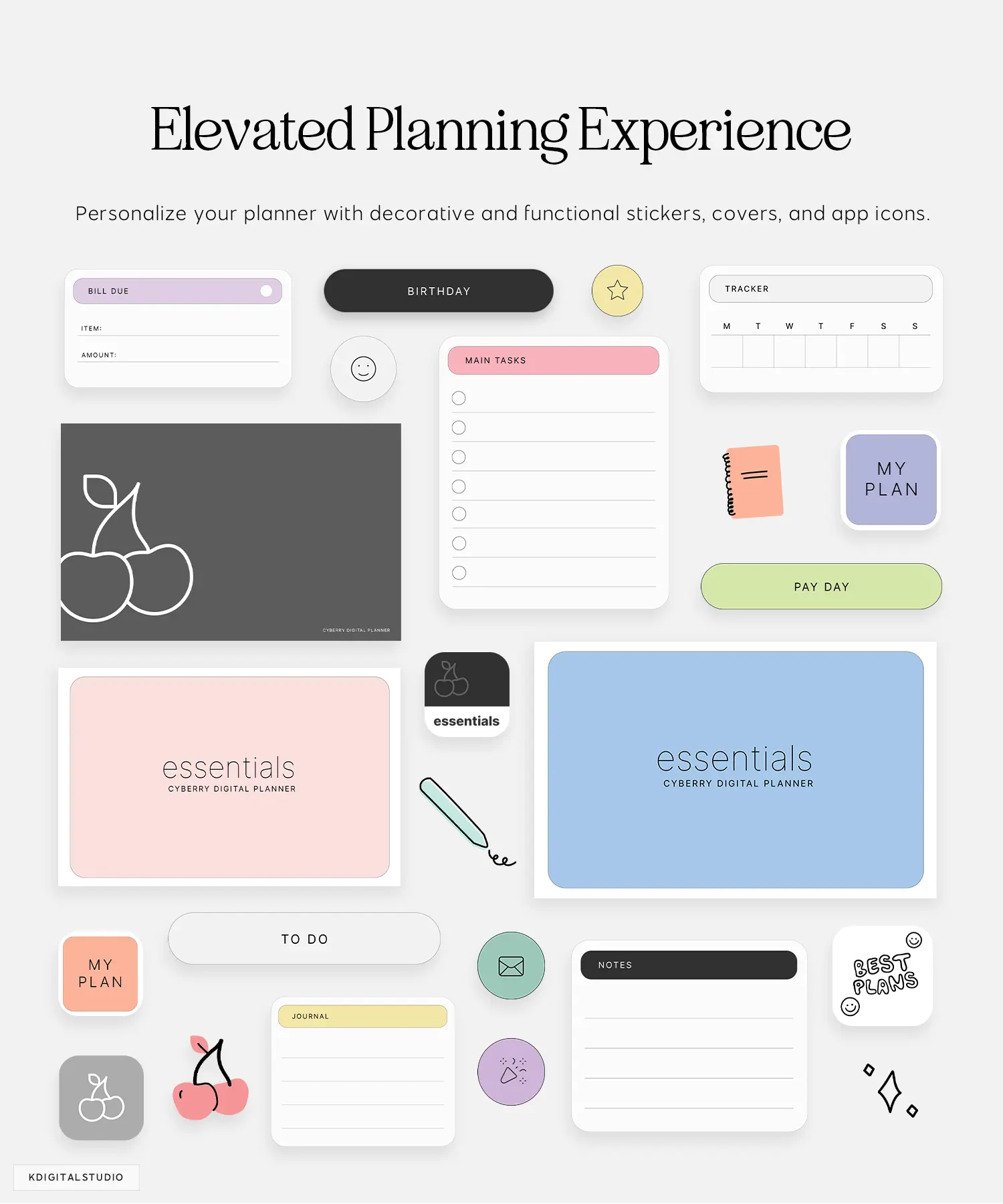 digital stickers, planner covers, and app icons for cyberry essentials planner