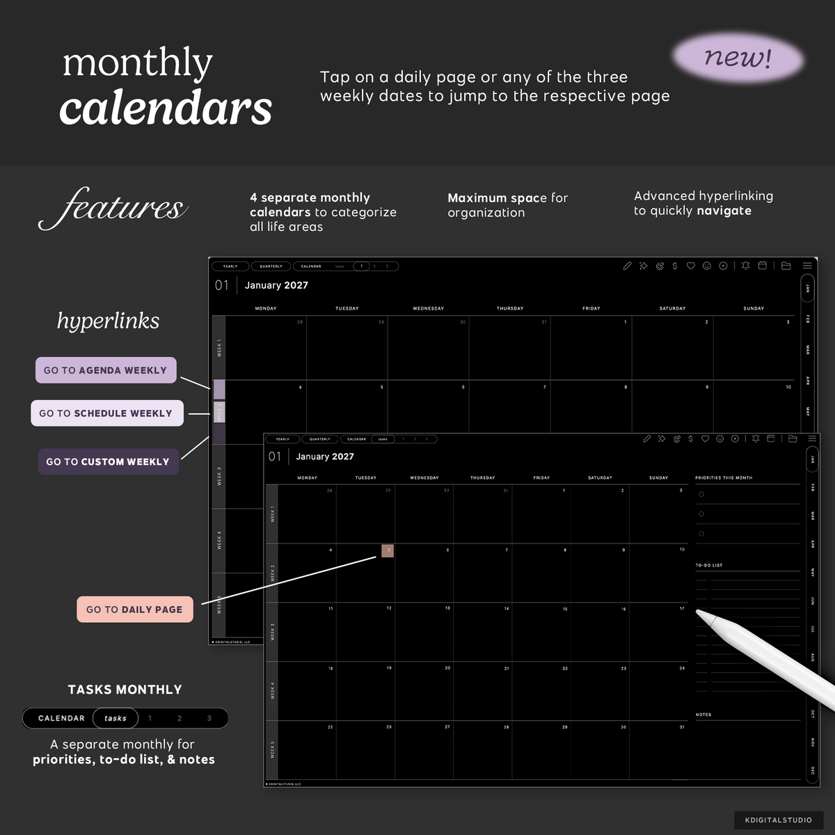 Cyberry 2027 Digital Planner in Landscape (Dark Mode) KDigitalStudio