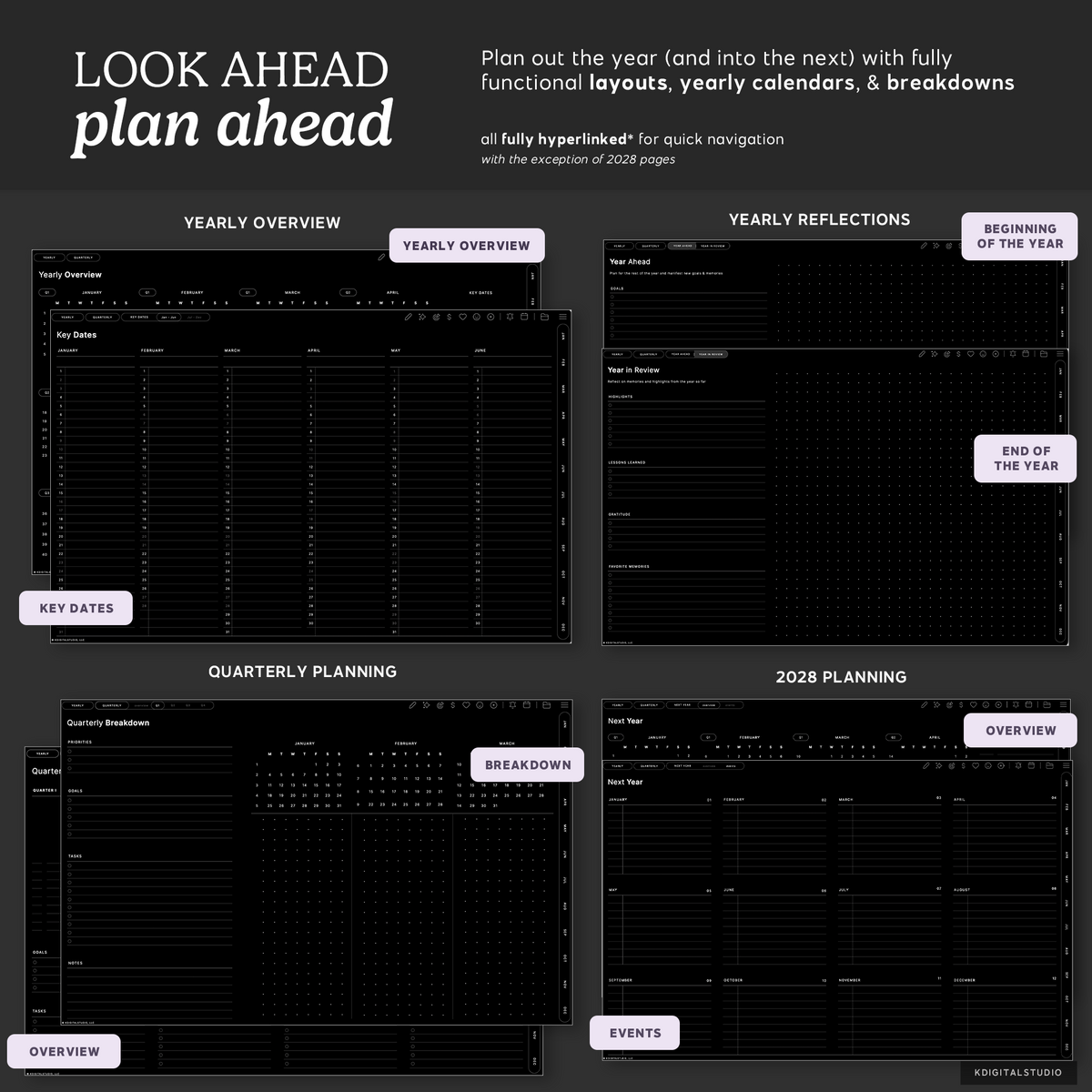 Cyberry 2027 Digital Planner in Landscape (Dark Mode) KDigitalStudio