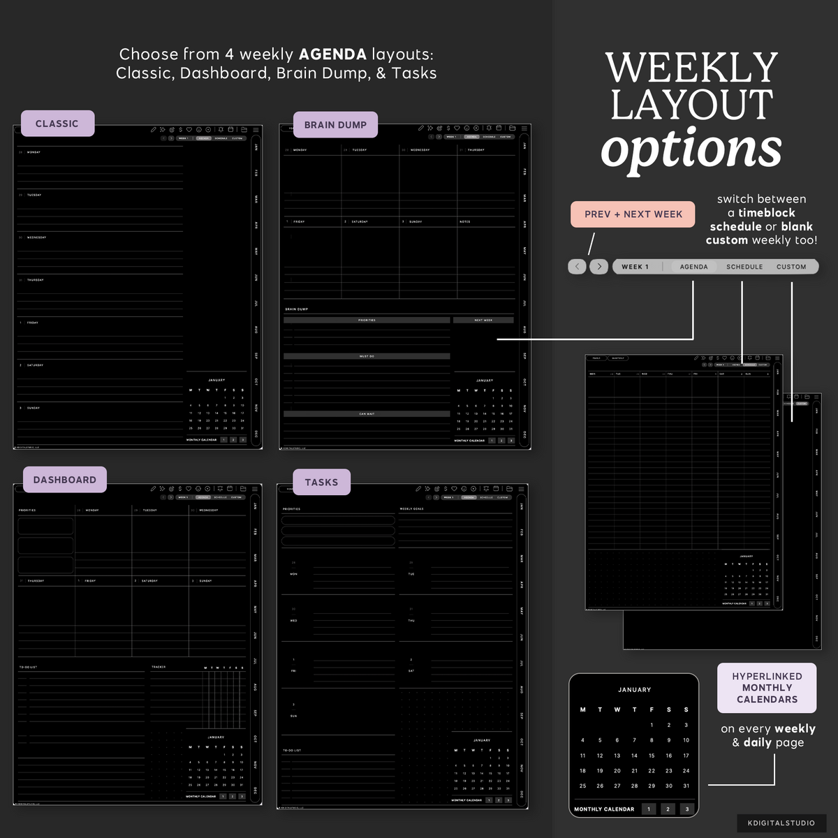 Cyberry 2027 Digital Planner in Portrait (Dark Mode) KDigitalStudio