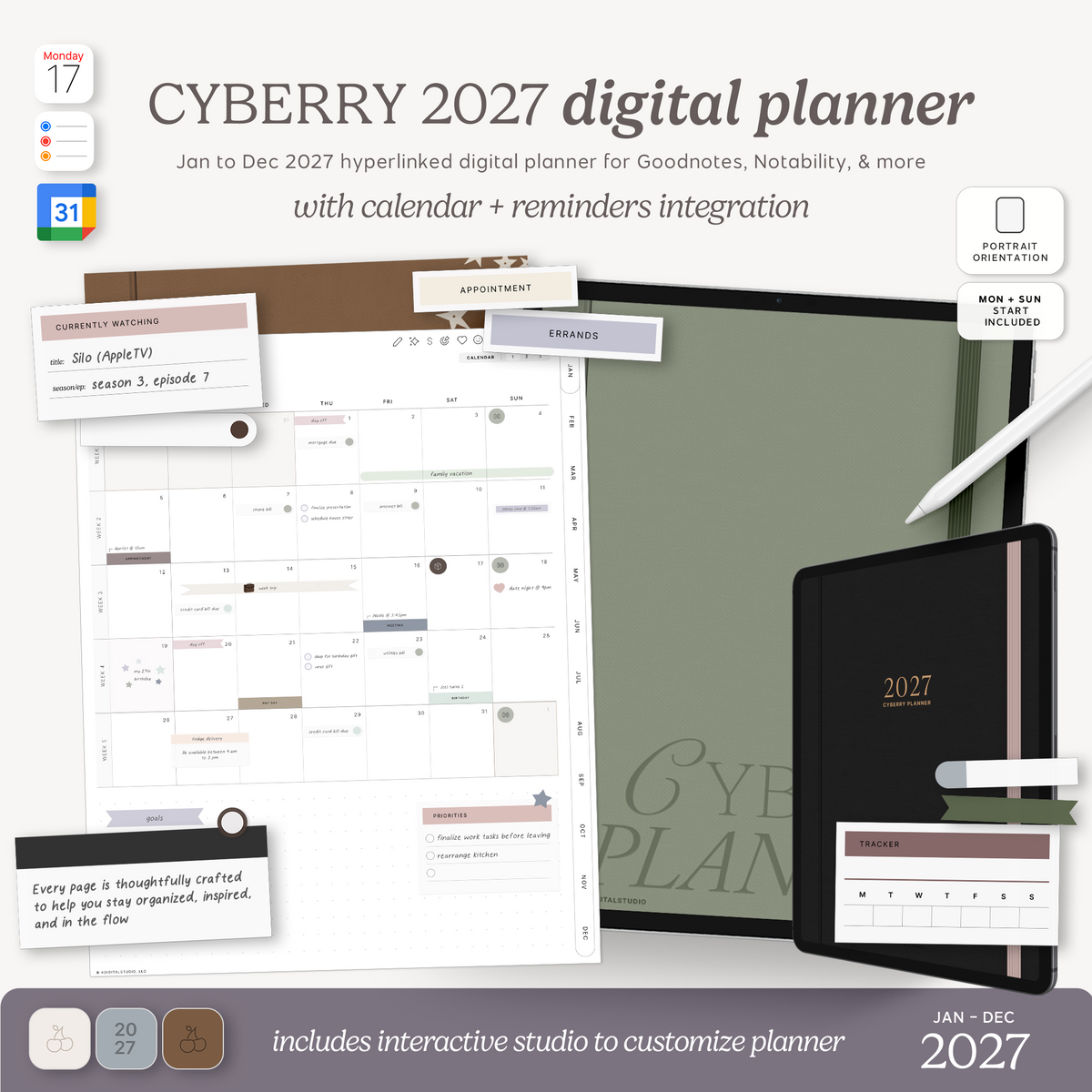 Cyberry 2027 Digital Planner in Portrait (Light Mode) KDigitalStudio