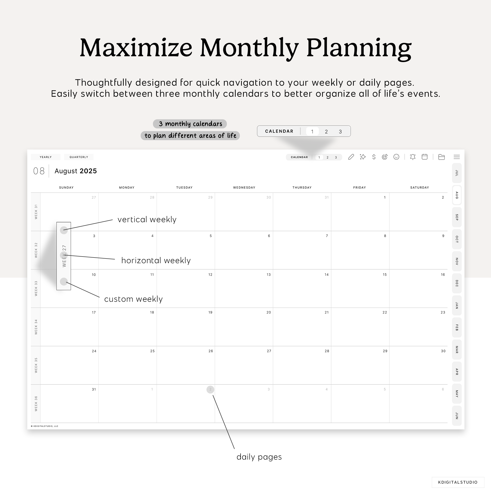 three monthly calendars to plan different areas of your in cyberry digital planner
