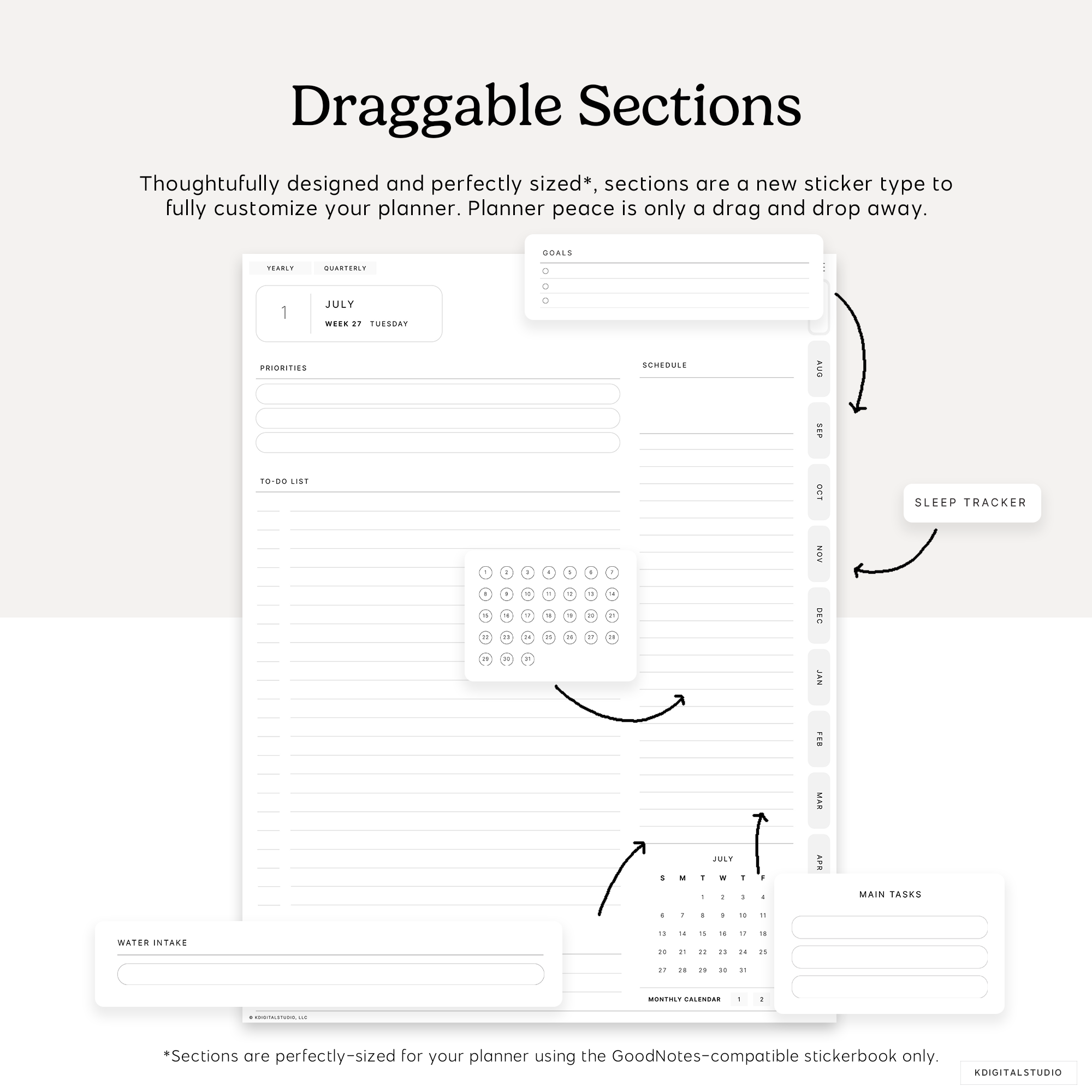 draggable section stickers for customizable planning in cyberry digital planner