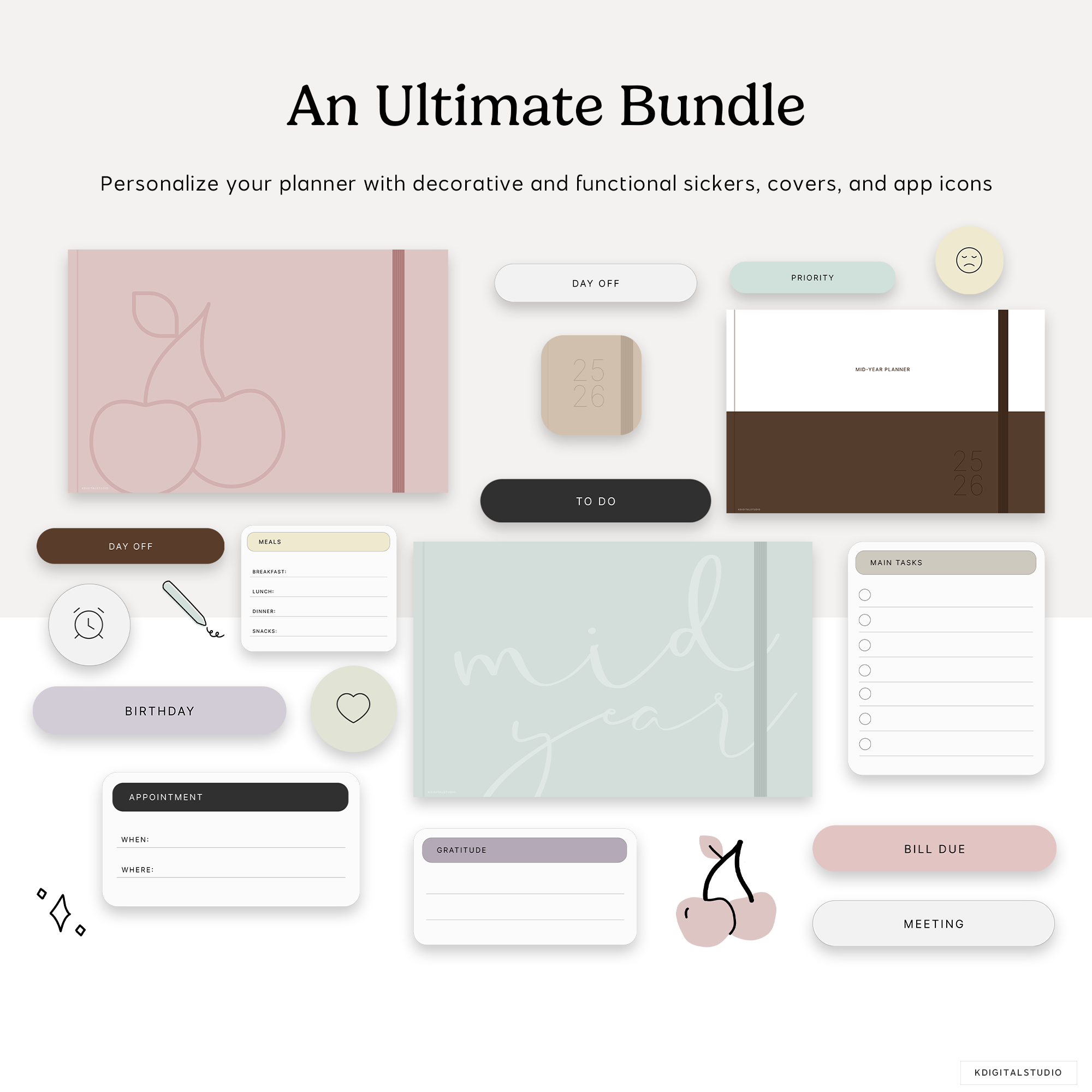 the ultimate bundle of stickers, planner covers, and app icons are included with the cyberry  digital planner