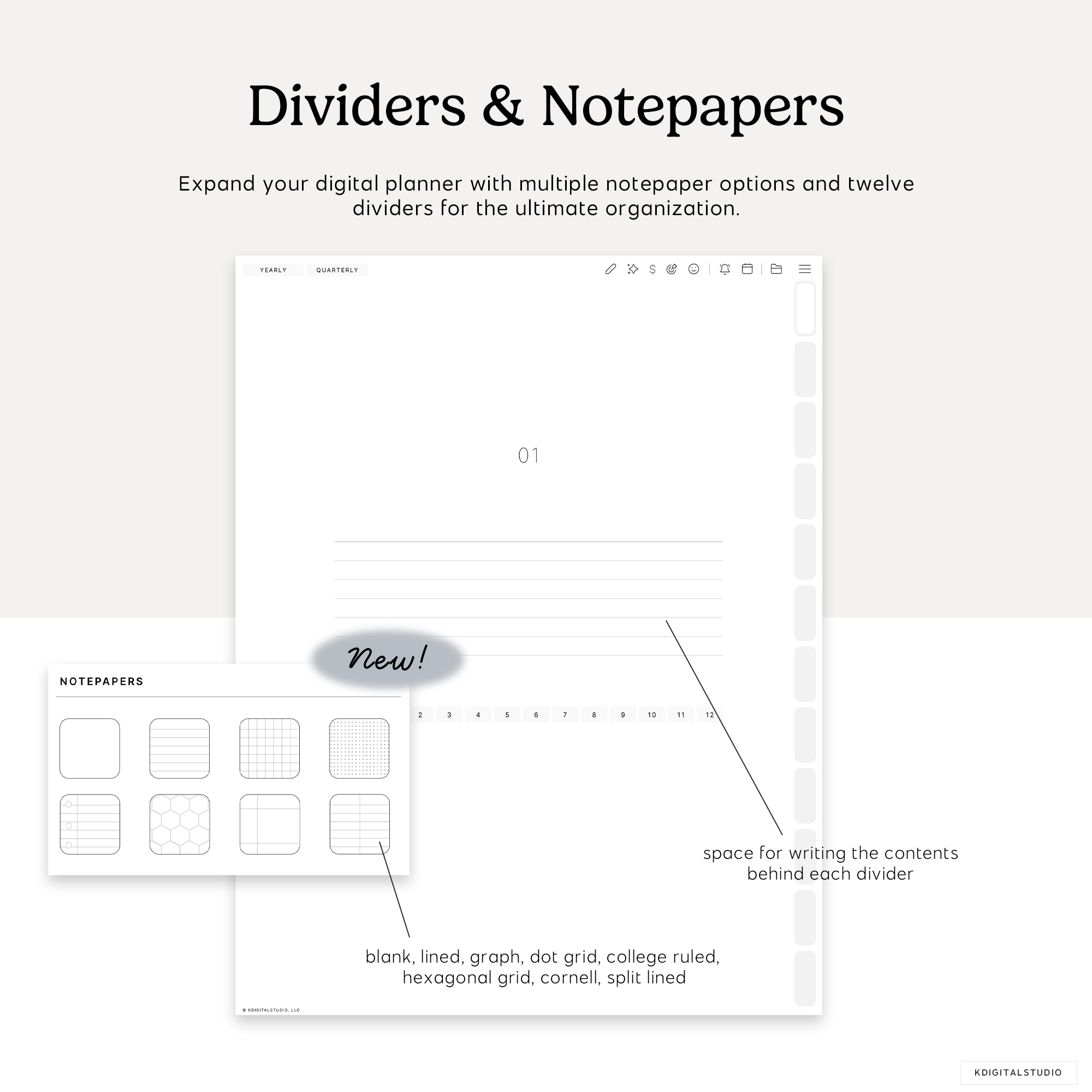 note dividers and notepapers included in the cyberry digital planner