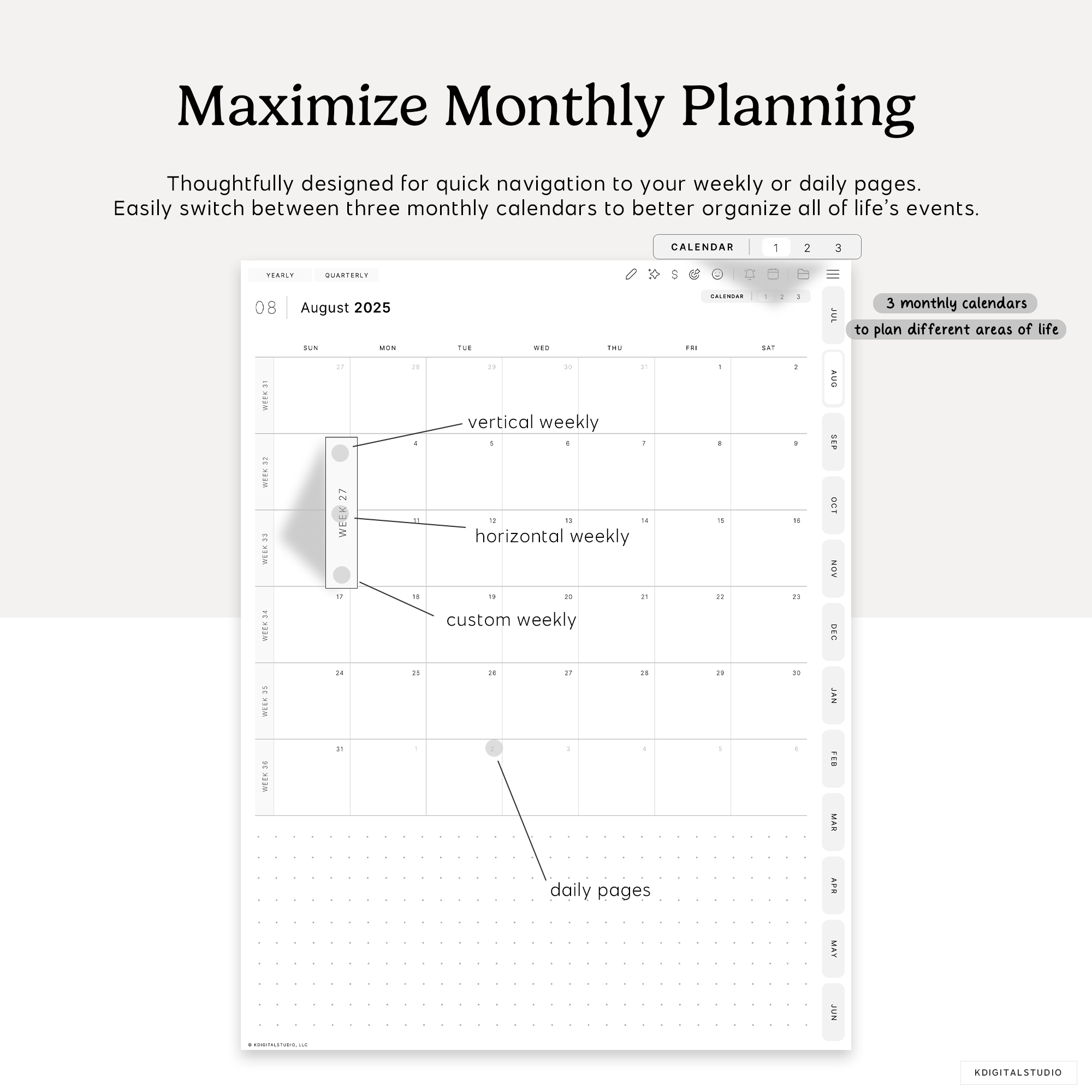 three monthly calendars to plan different areas of life included with cyberry digital planner