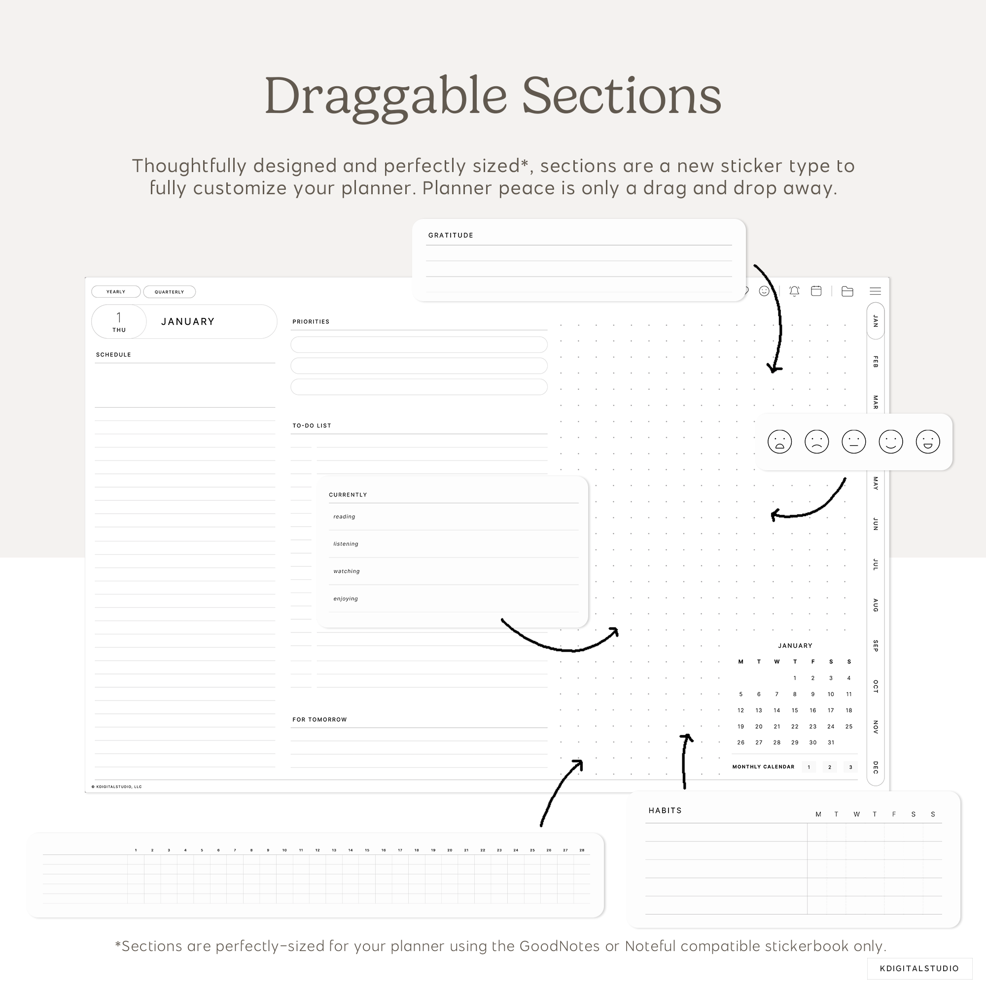 Draggable sticker sections to fully customize your digital planner