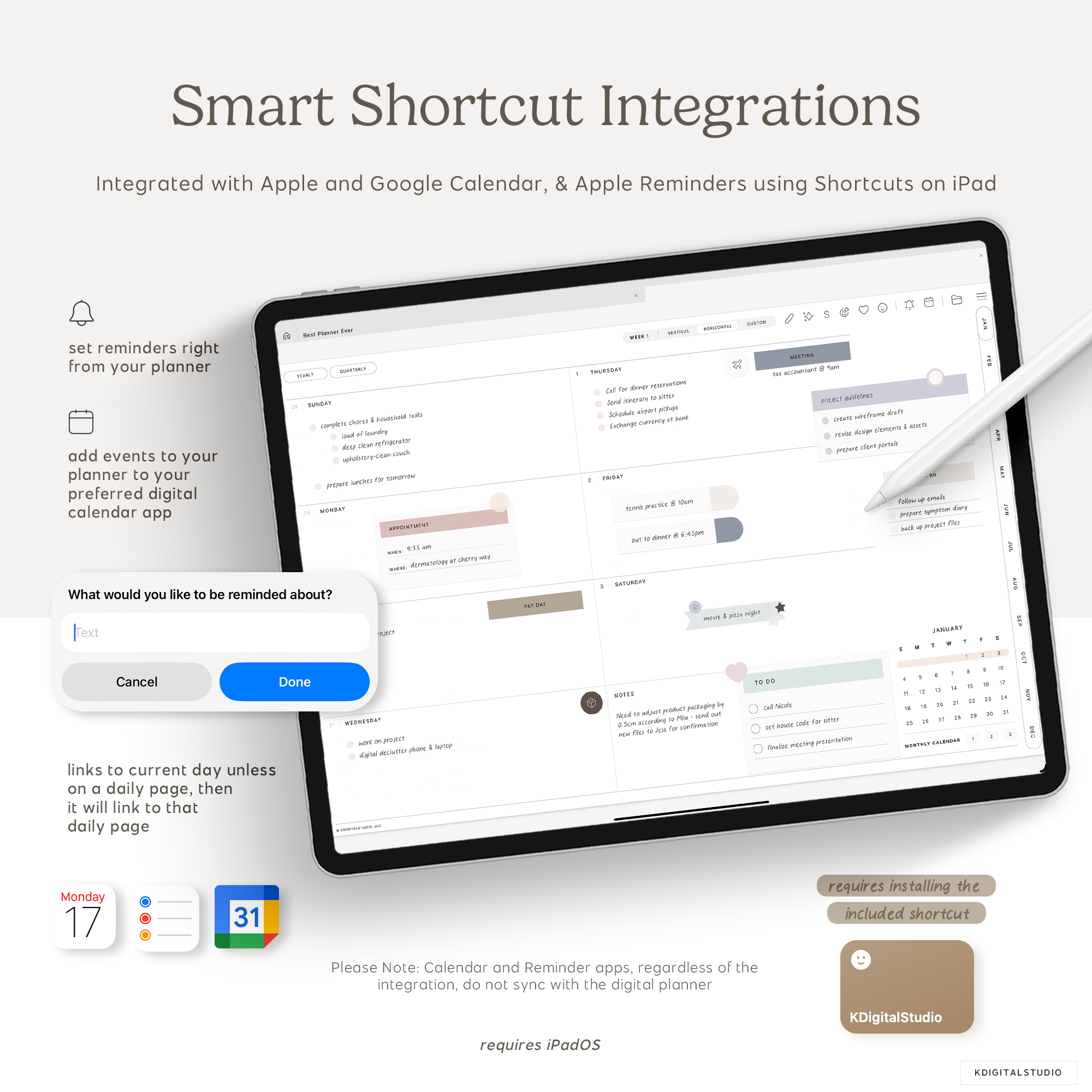 Smart Shortcut Integrations on a tablet with a stylus, featuring Apple and Google Calendar integration.