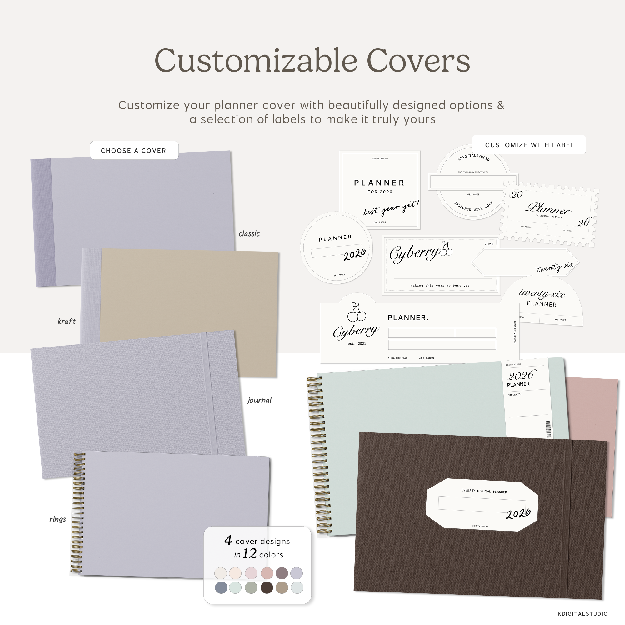 Collection of customizable planner covers with labels on a white background
