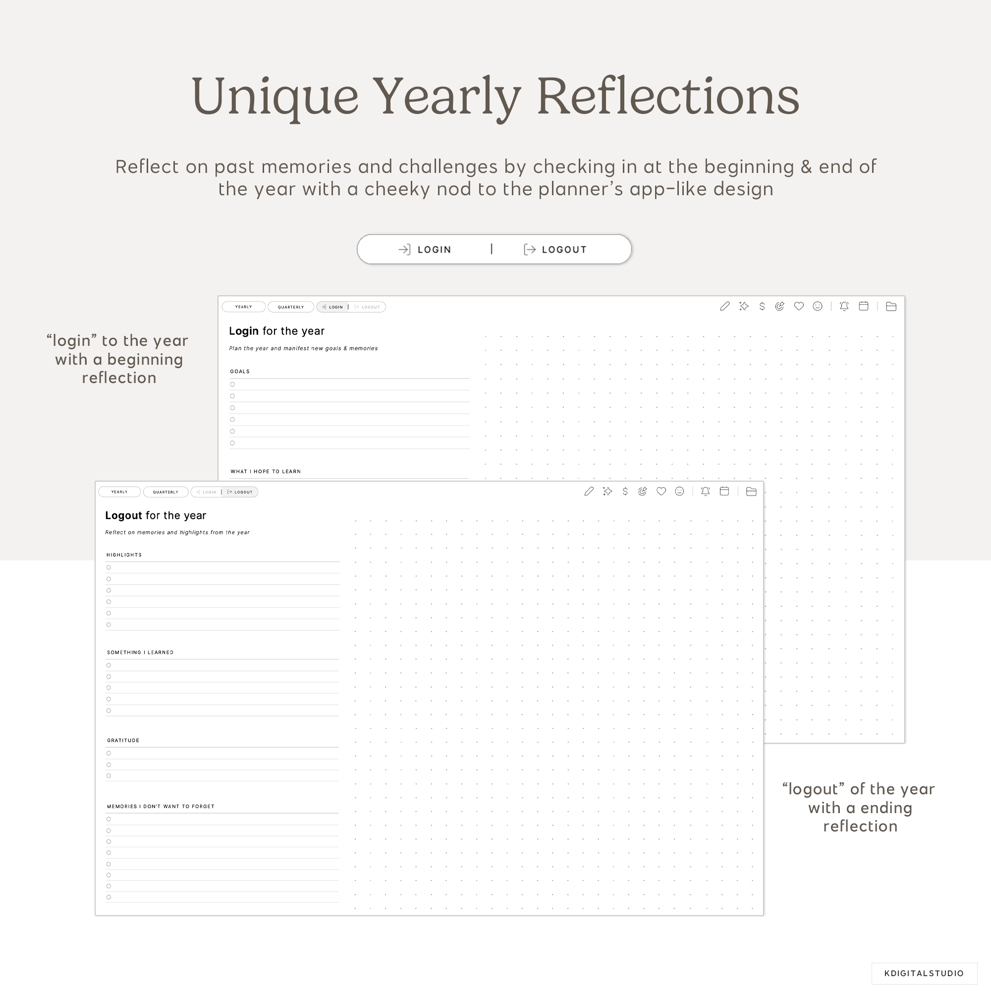 Interface for 'Unique Yearly Reflections' with login/logout options and reflection text boxes.