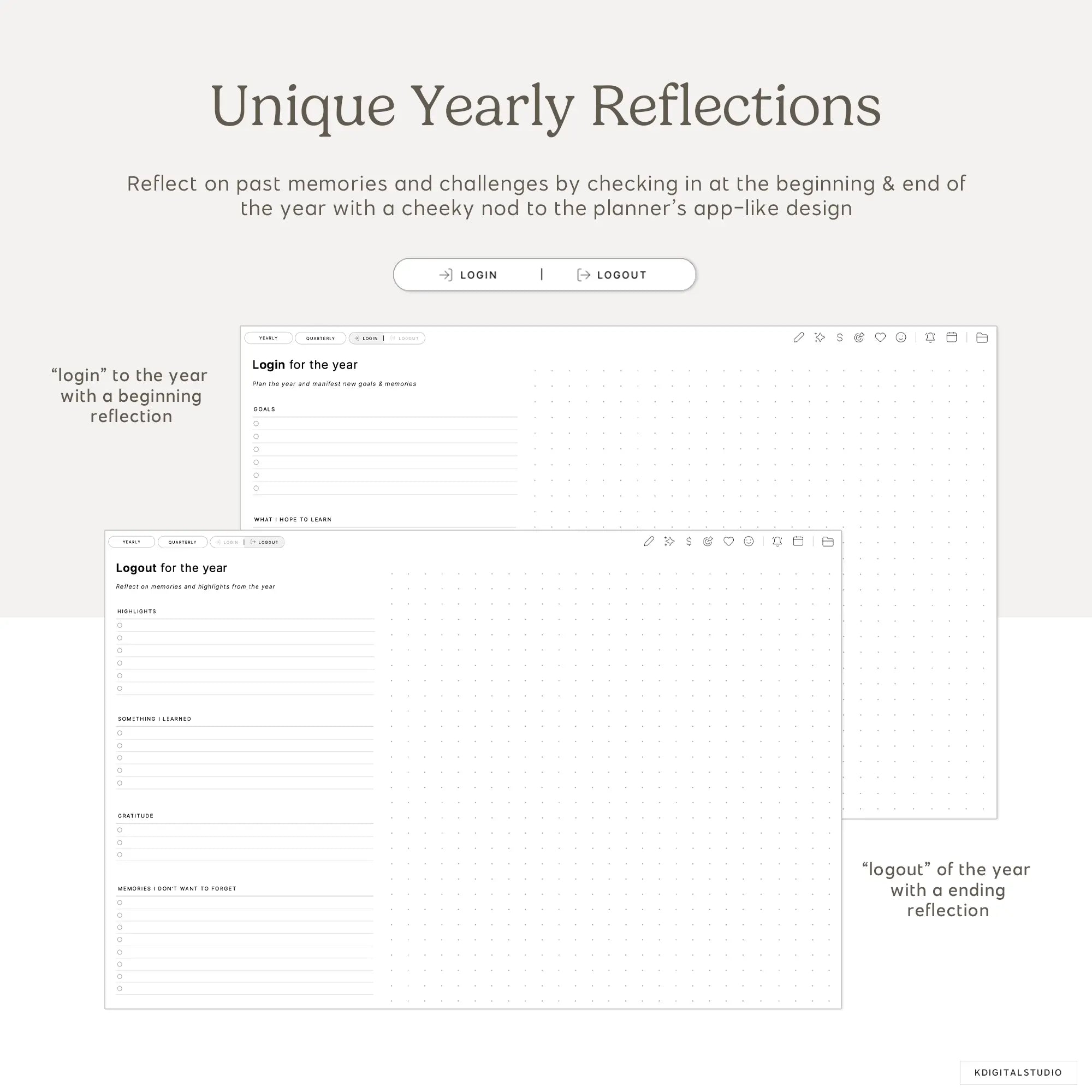 Interface for 'Unique Yearly Reflections' with login/logout options and reflection text boxes.