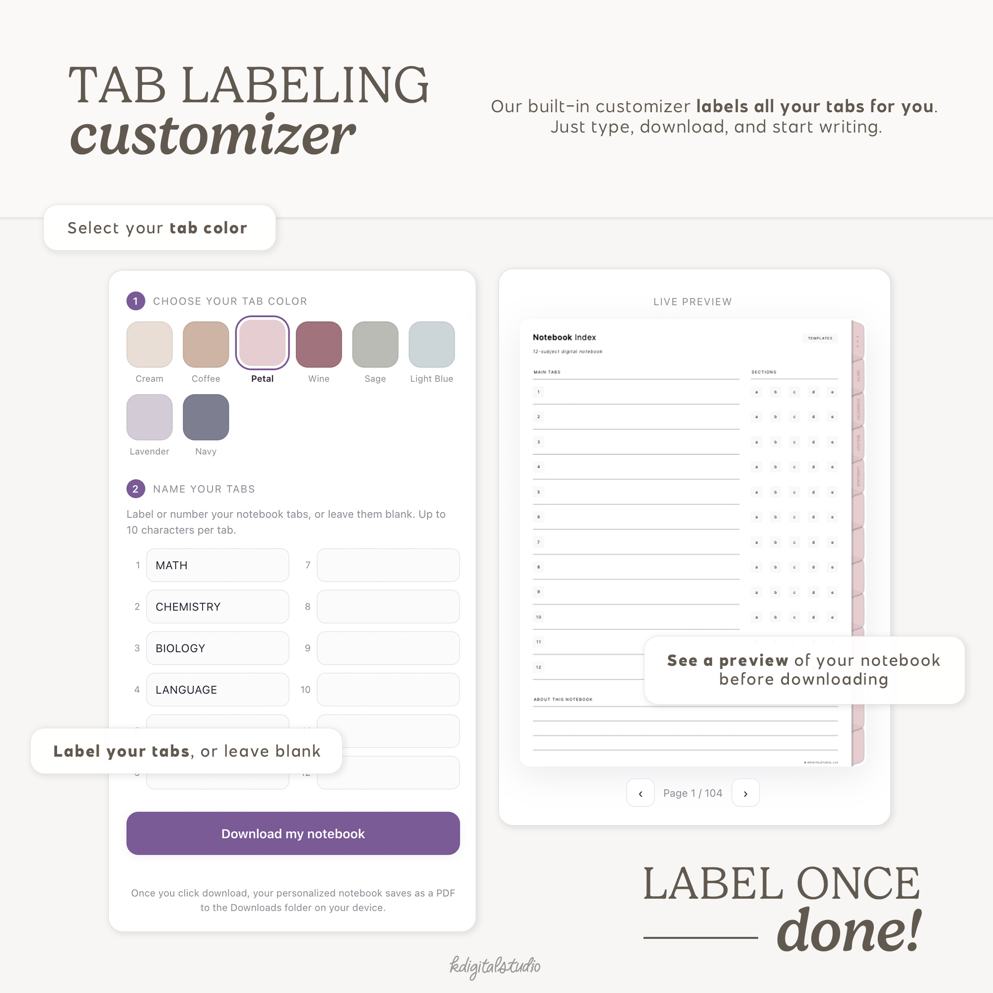 12-Subject Digital Notebooks with Tab Customizer KDigitalStudio