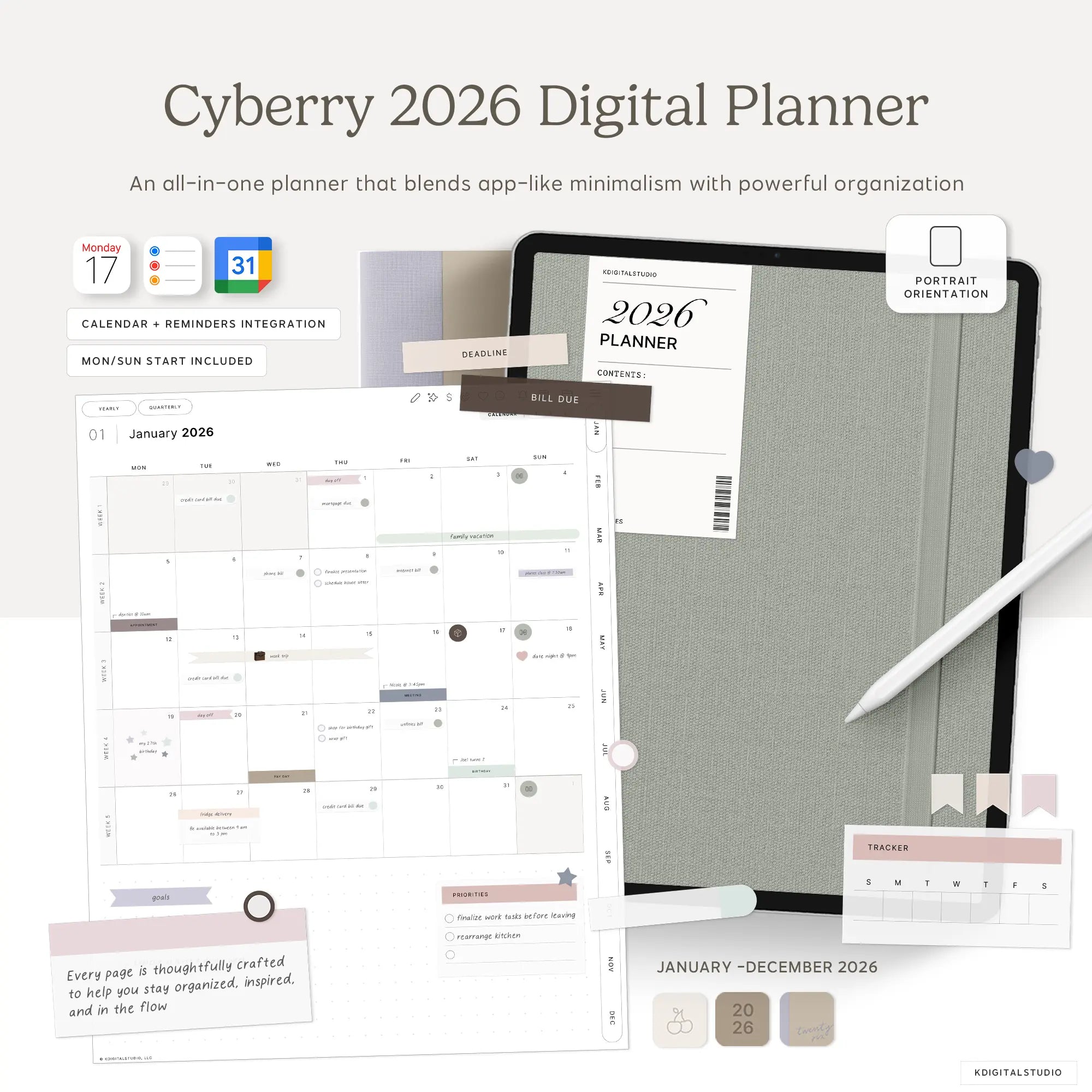 Cyberry 2026 Digital Planner in Portrait KDigitalStudio