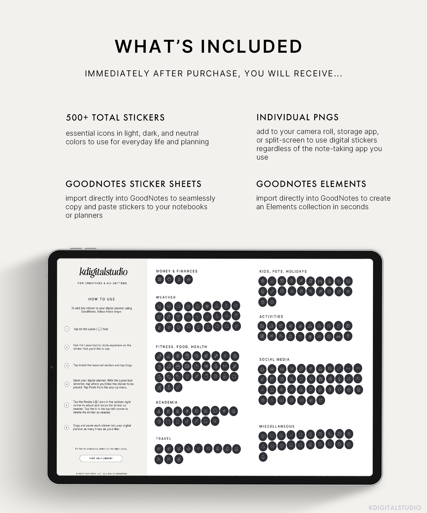The essential icons stickers include over 500 total stickers, available in three different file types: individual PNGs, precropped GoodNotes sticker sheets, and GoodNotes Elements collections.
