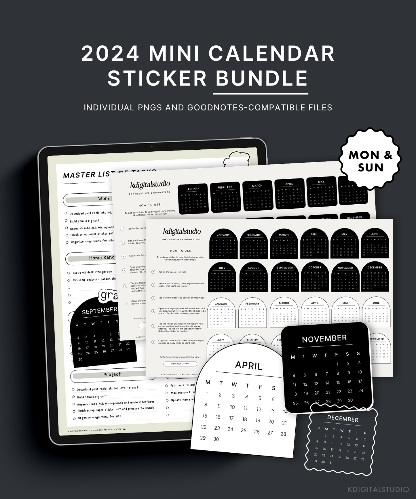 2024 Dated Mini Monthly Calendar Bullet Journal Stickers
