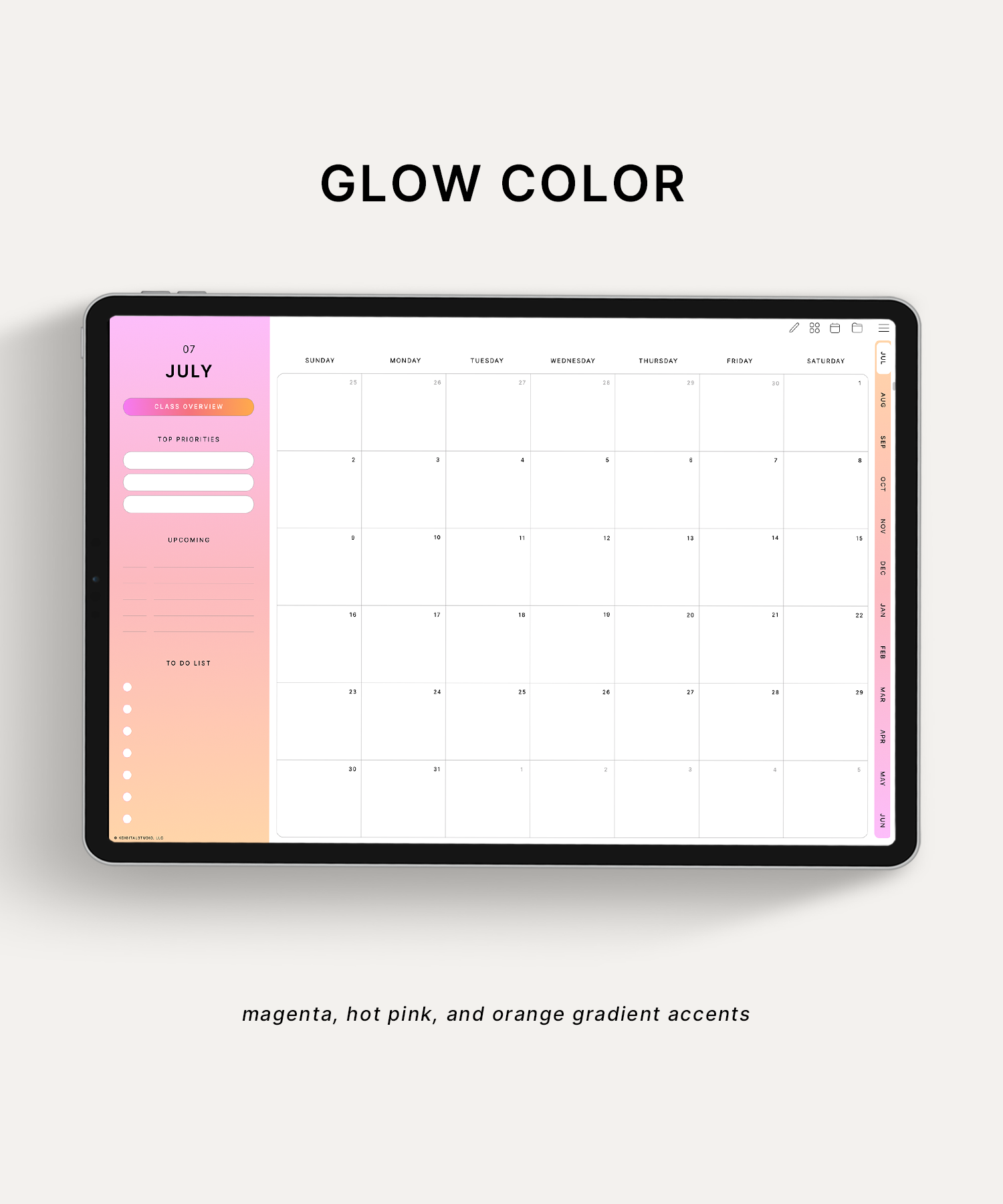 Glow color of academic student digital planner