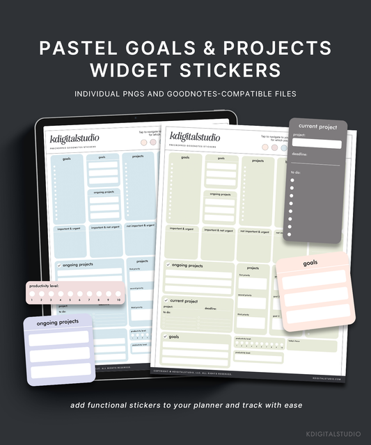Widgets de objetivos y proyectos en colores pastel