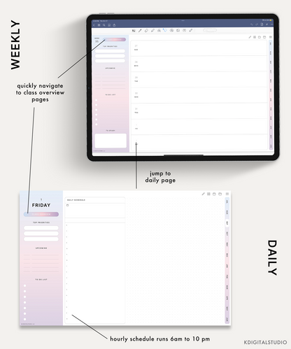 Weekly and daily pages in the academic student digital planner