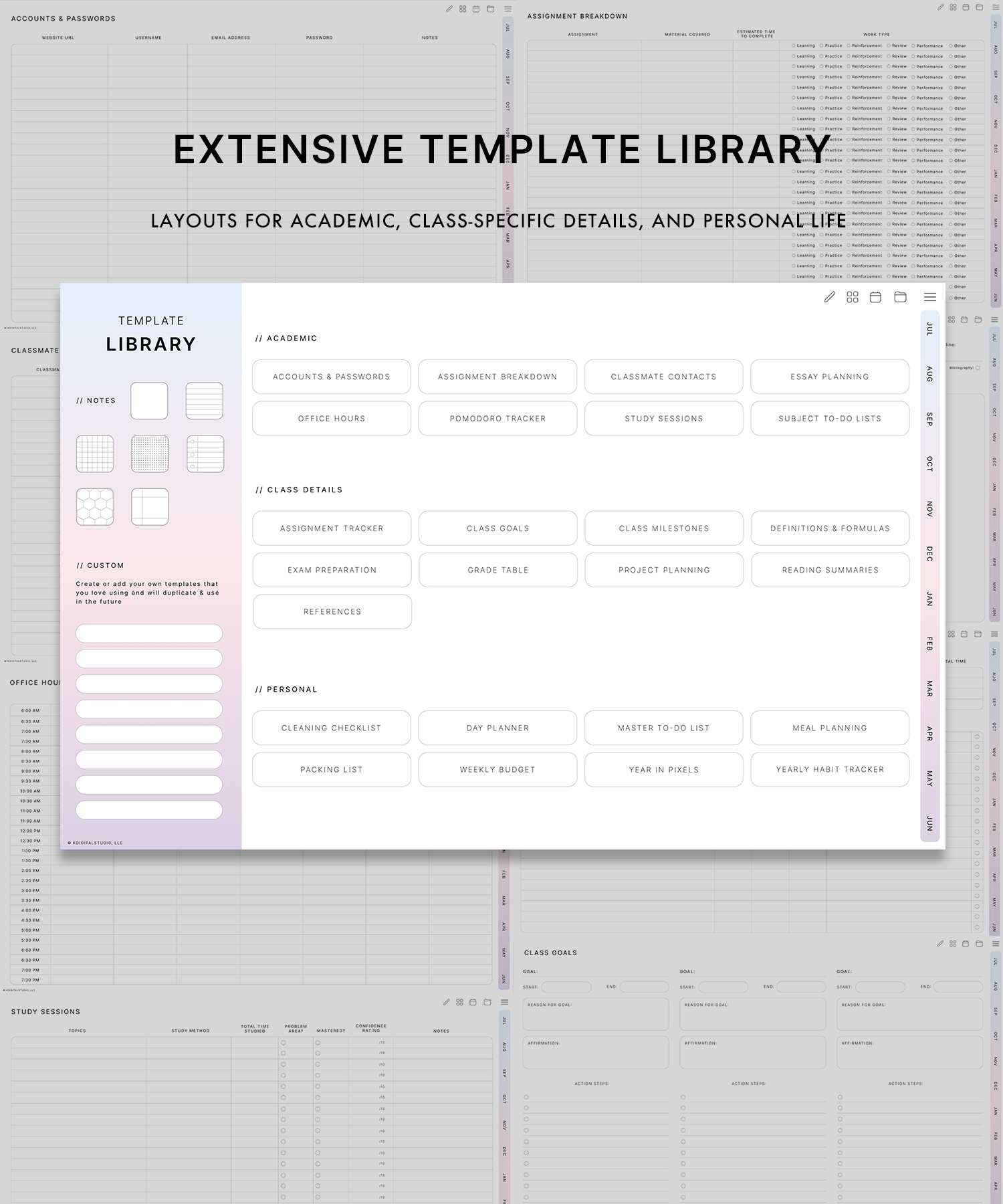 extensive template library in the academic student digital planner