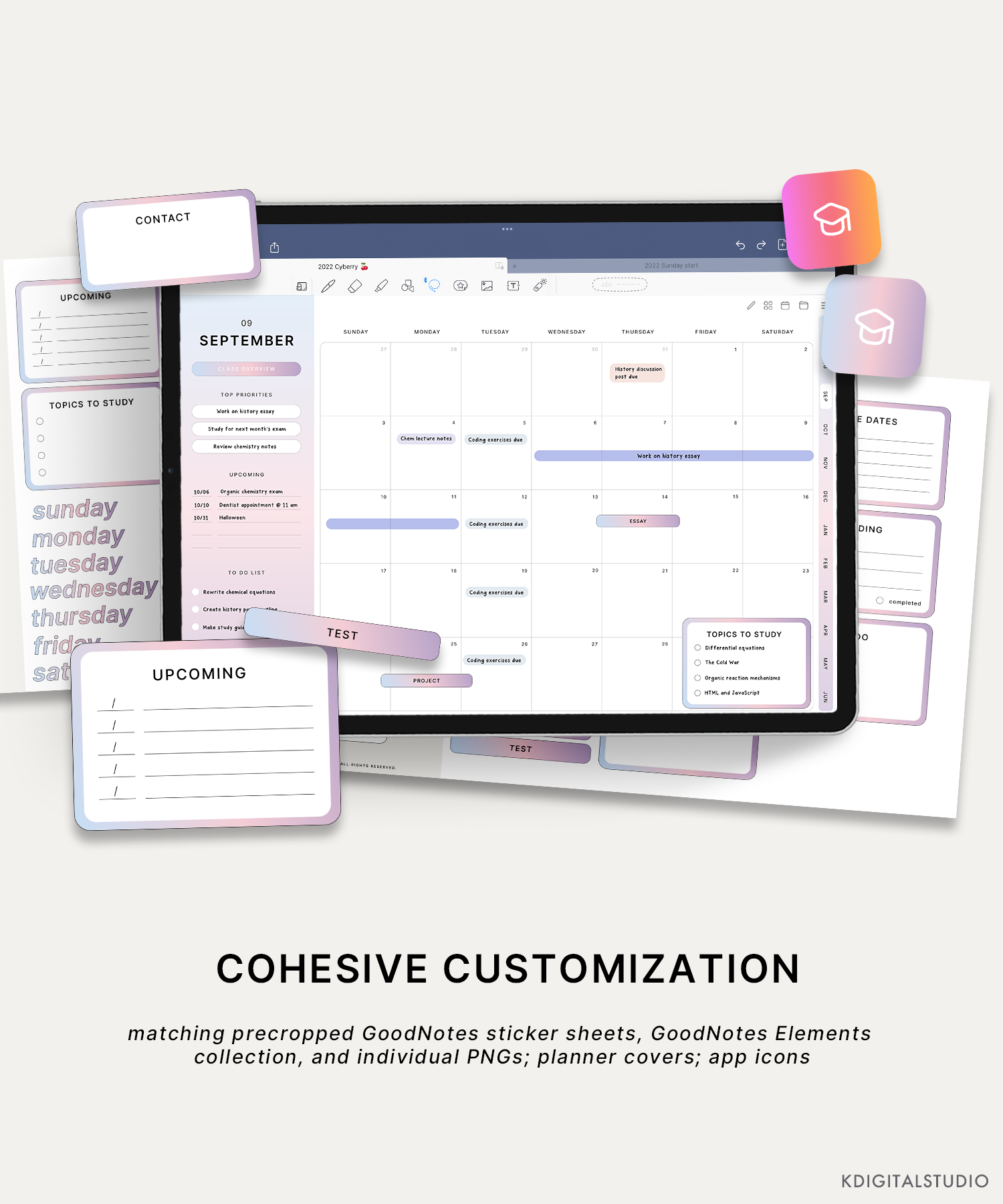 Planner covers, matching digital stickers, and app icons of the student digital planner
