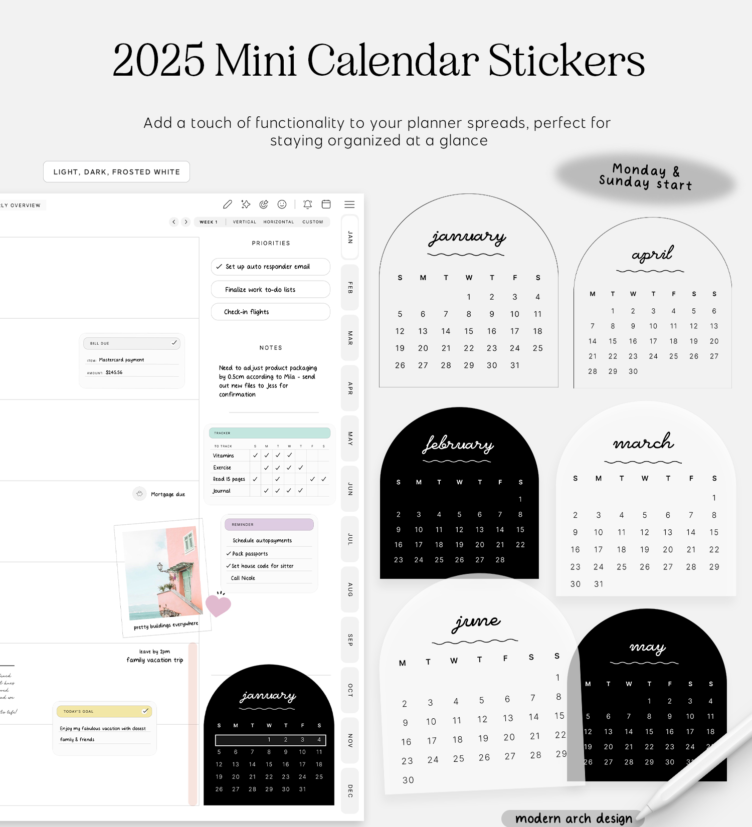 2025 mini calendar arch digital stickers