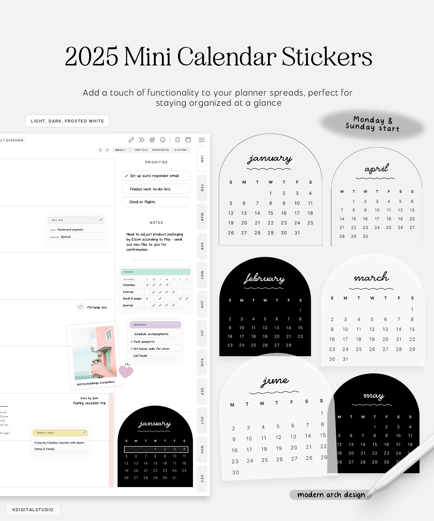 2025 mini calendar arch digital stickers