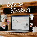 iPad sitting on mantle surrounded by Life in Stickers set