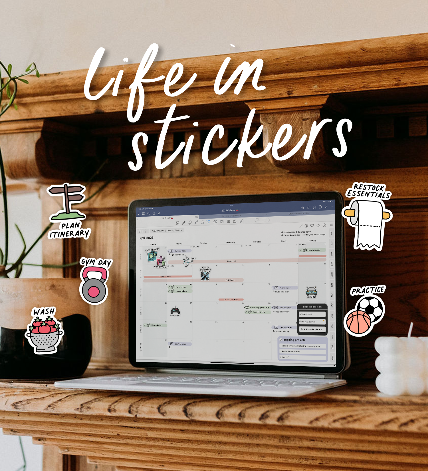 iPad sitting on mantle surrounded by Life in Stickers set