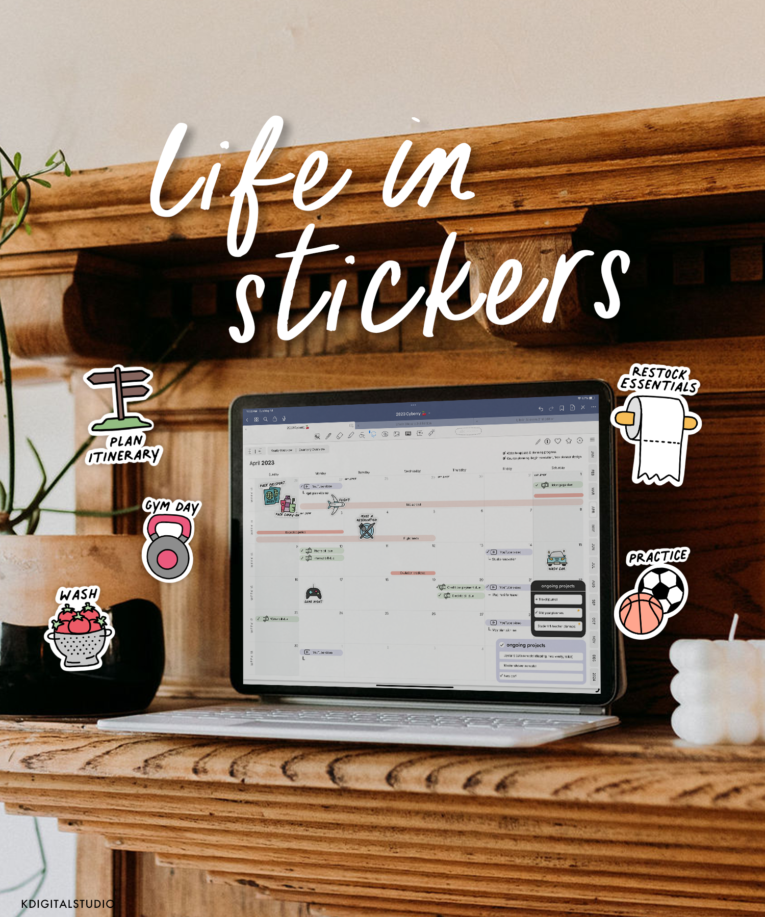 iPad sitting on mantle surrounded by Life in Stickers set