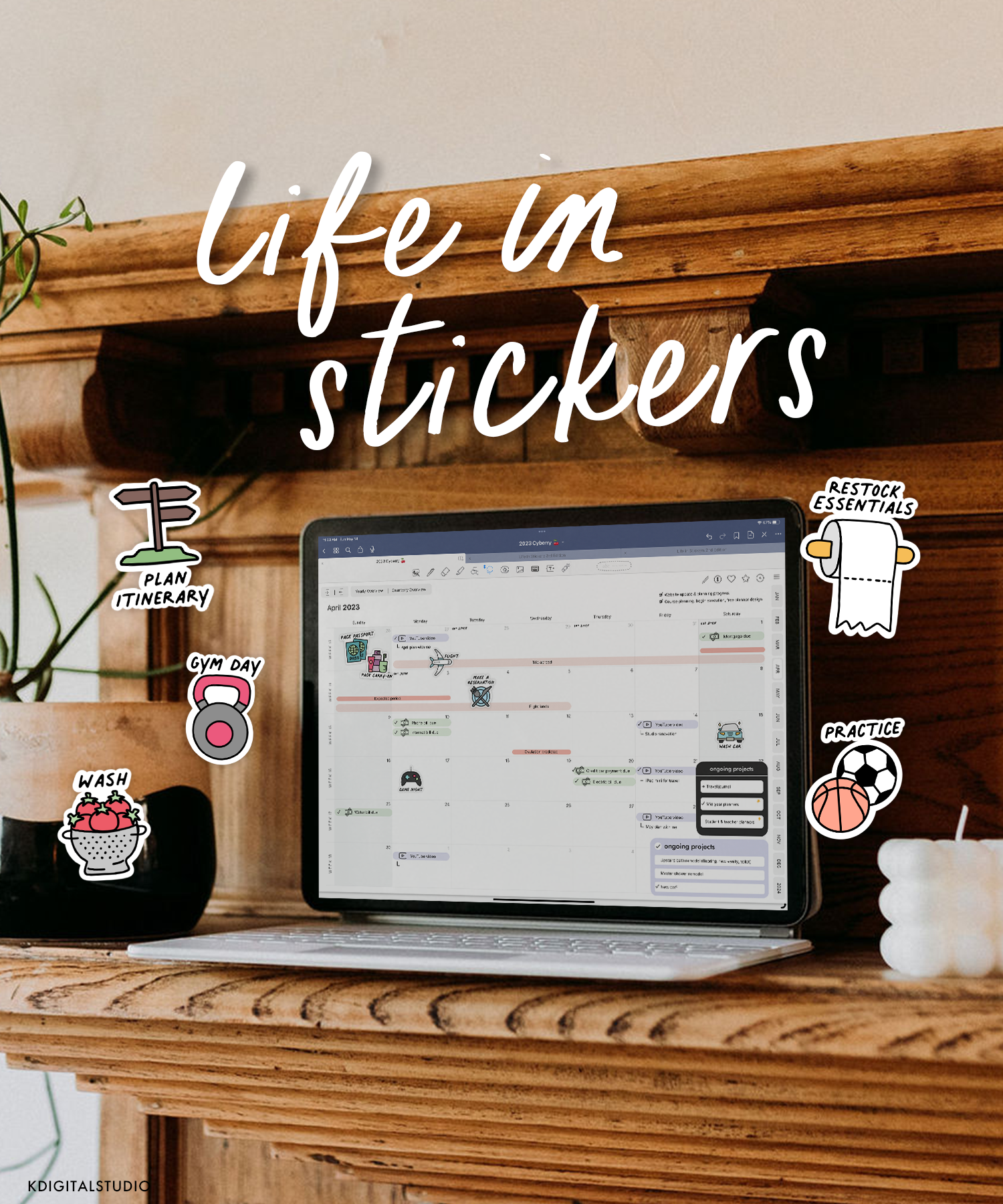 iPad sitting on mantle surrounded by Life in Stickers set