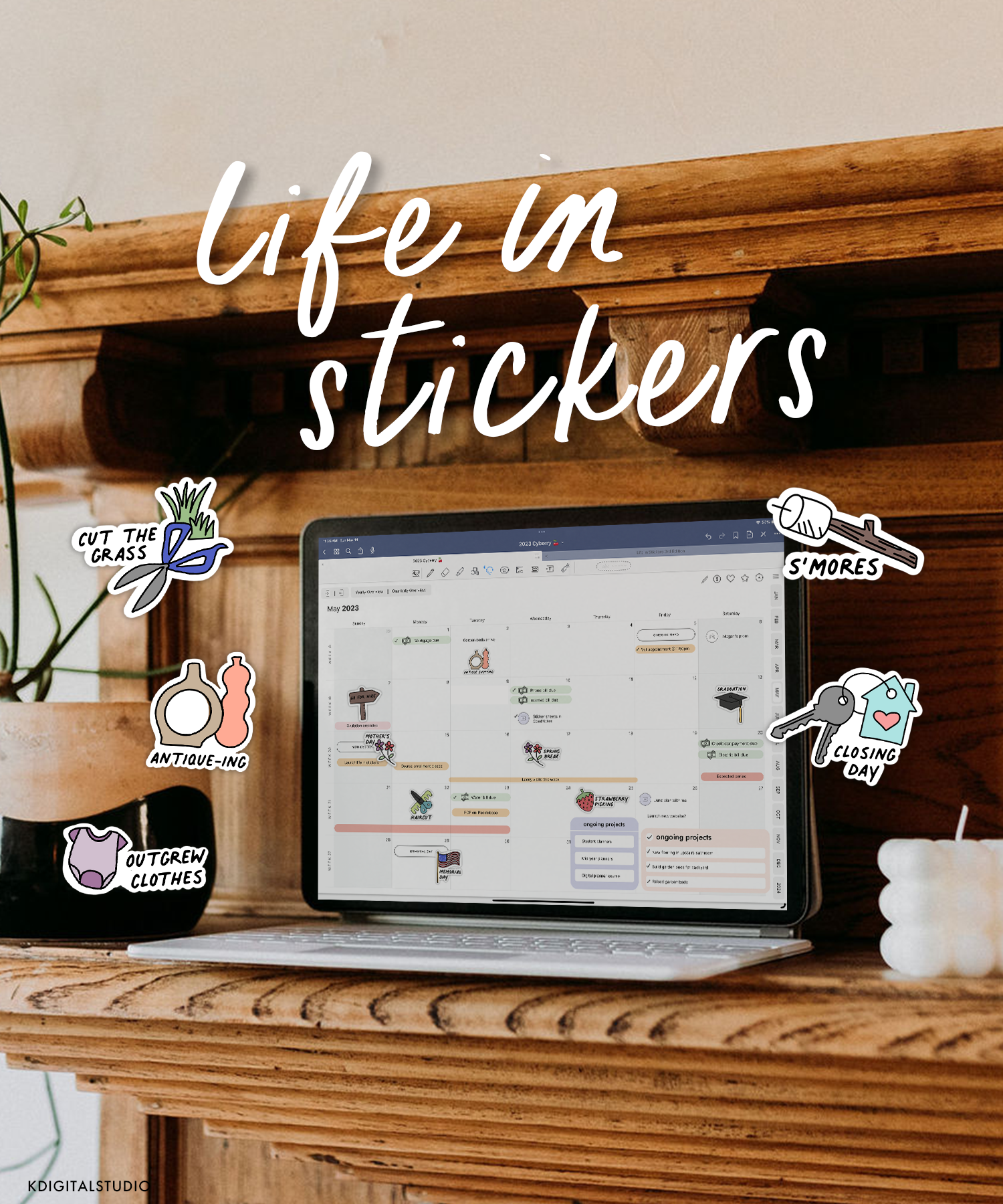 iPad sitting on mantle surrounded by Life in Stickers