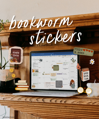 An iPad is sitting on a fireplace mantle with a digital planner spread open. All over the spread are bookworm digital stickers.