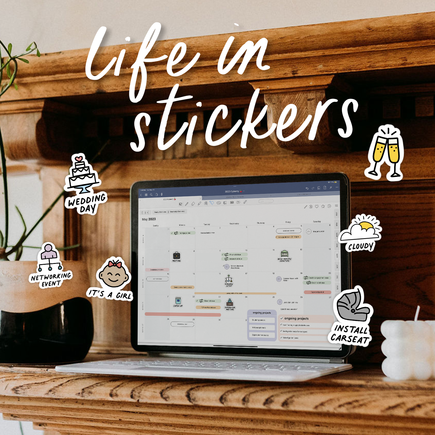 iPad sitting on mantle surrounded by Life in Stickers set