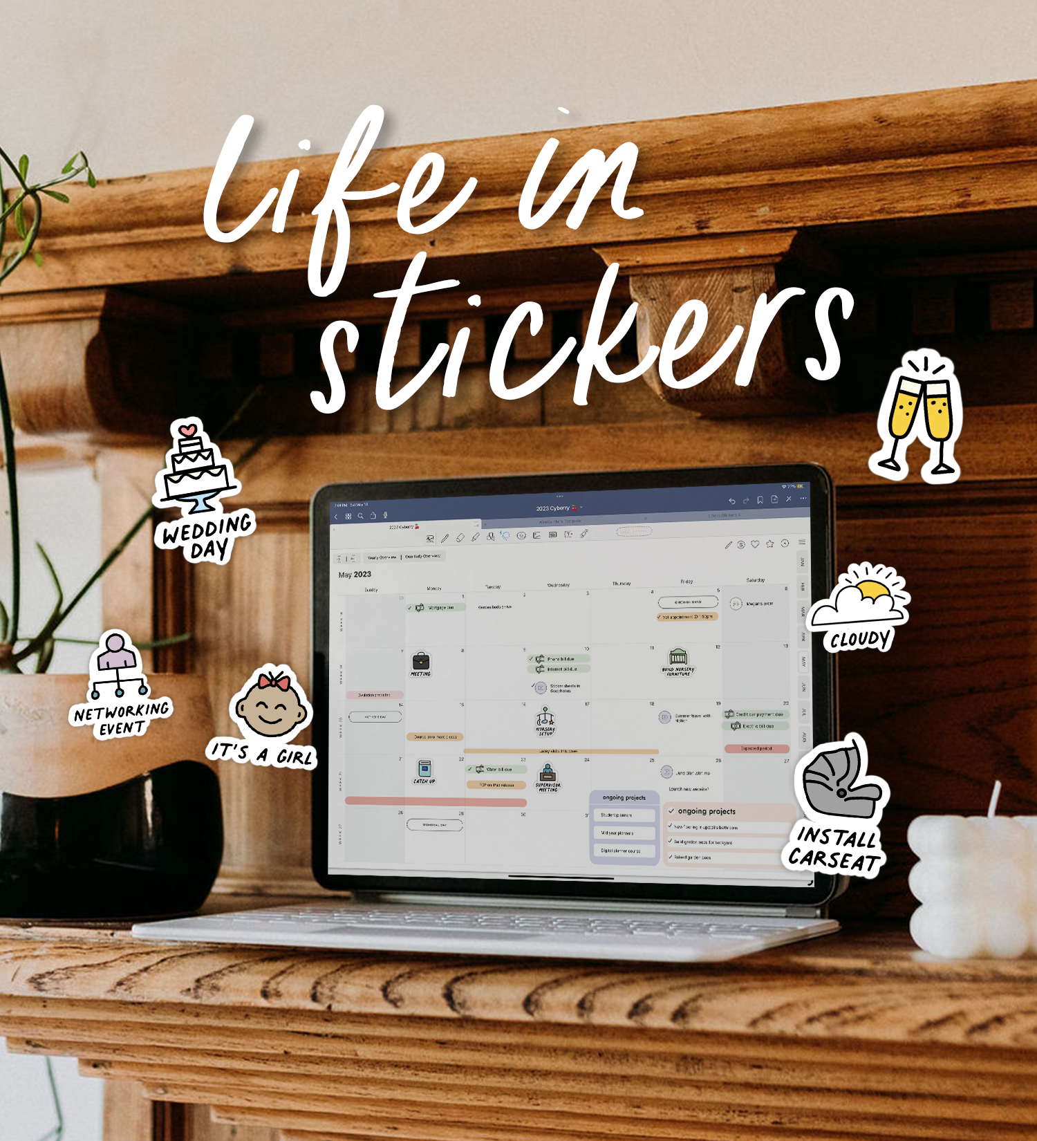 iPad sitting on mantle surrounded by Life in Stickers set