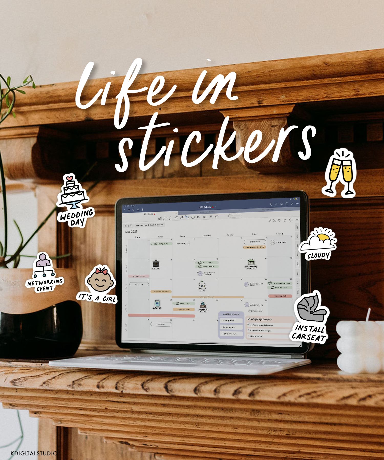 iPad sitting on mantle surrounded by Life in Stickers set