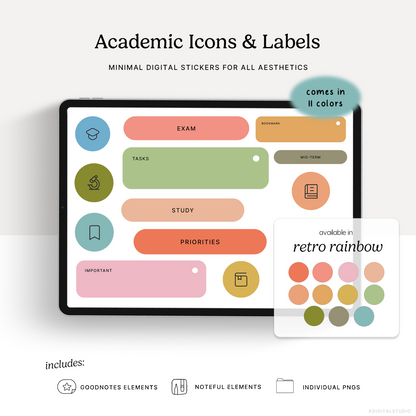 Academic Icons & Labels (Retro Rainbow) Digital Stickers