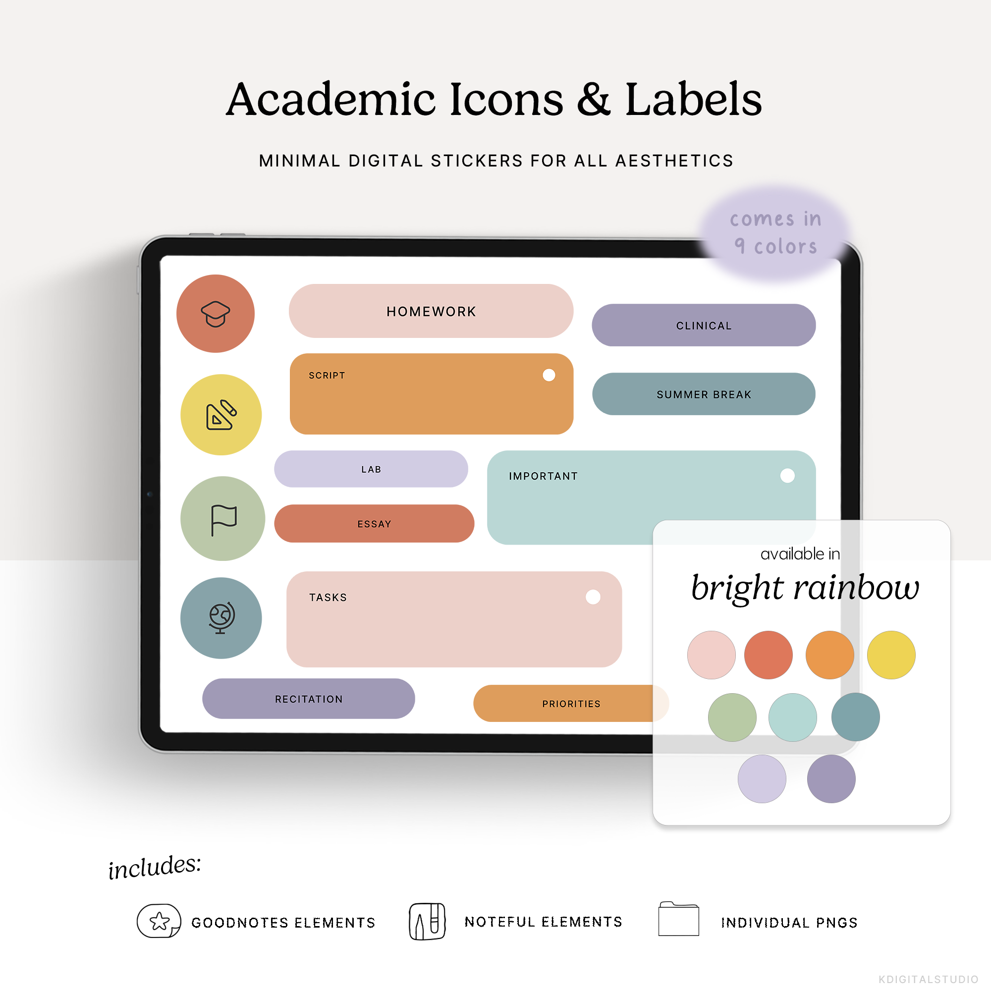 Academic Icons & Labels (Bright Rainbow) Digital Stickers